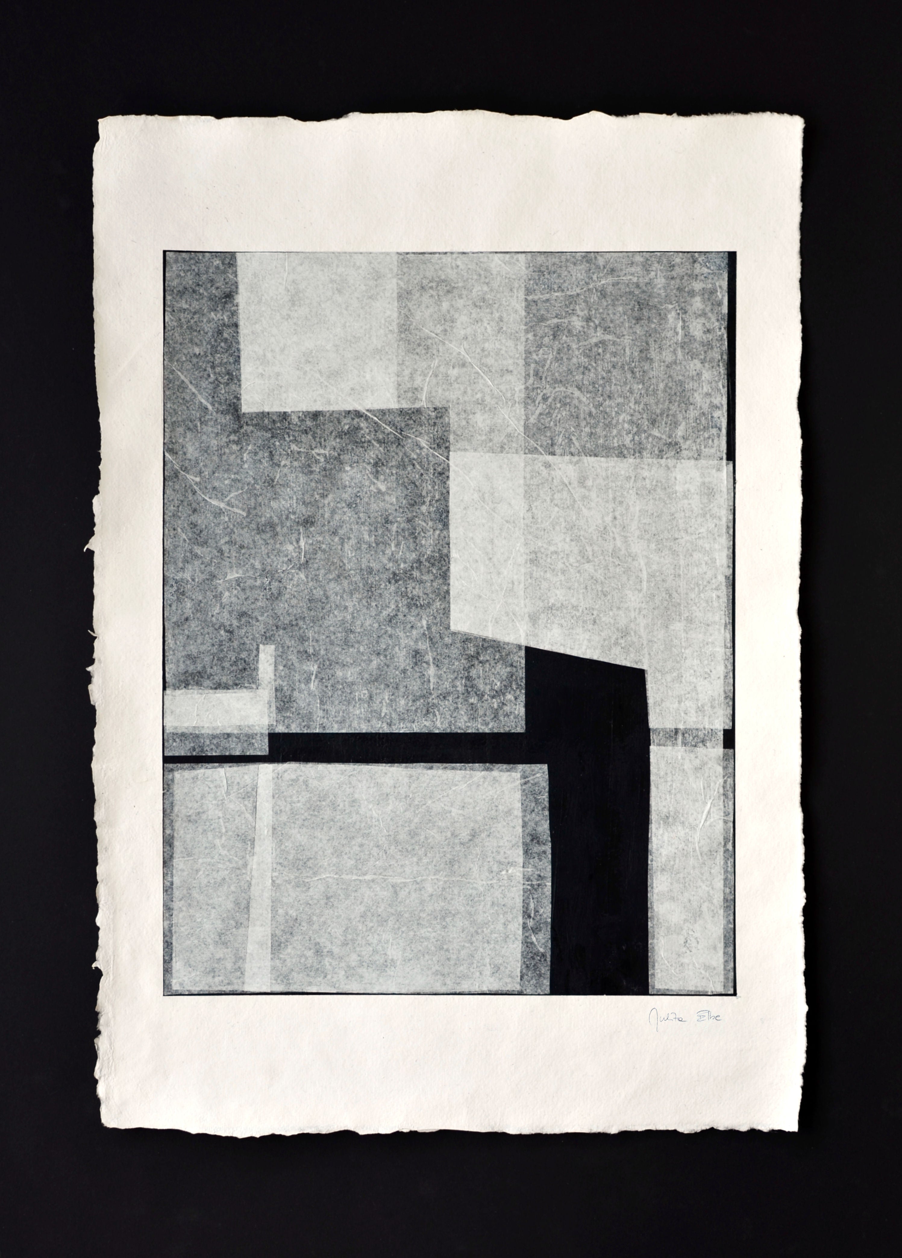 Abstract artwork featuring a composition of overlapping geometric shapes in varying shades of gray, with a prominent black rectangular shape. The paper has a rough, textured edge and a signature is visible in the bottom right corner.