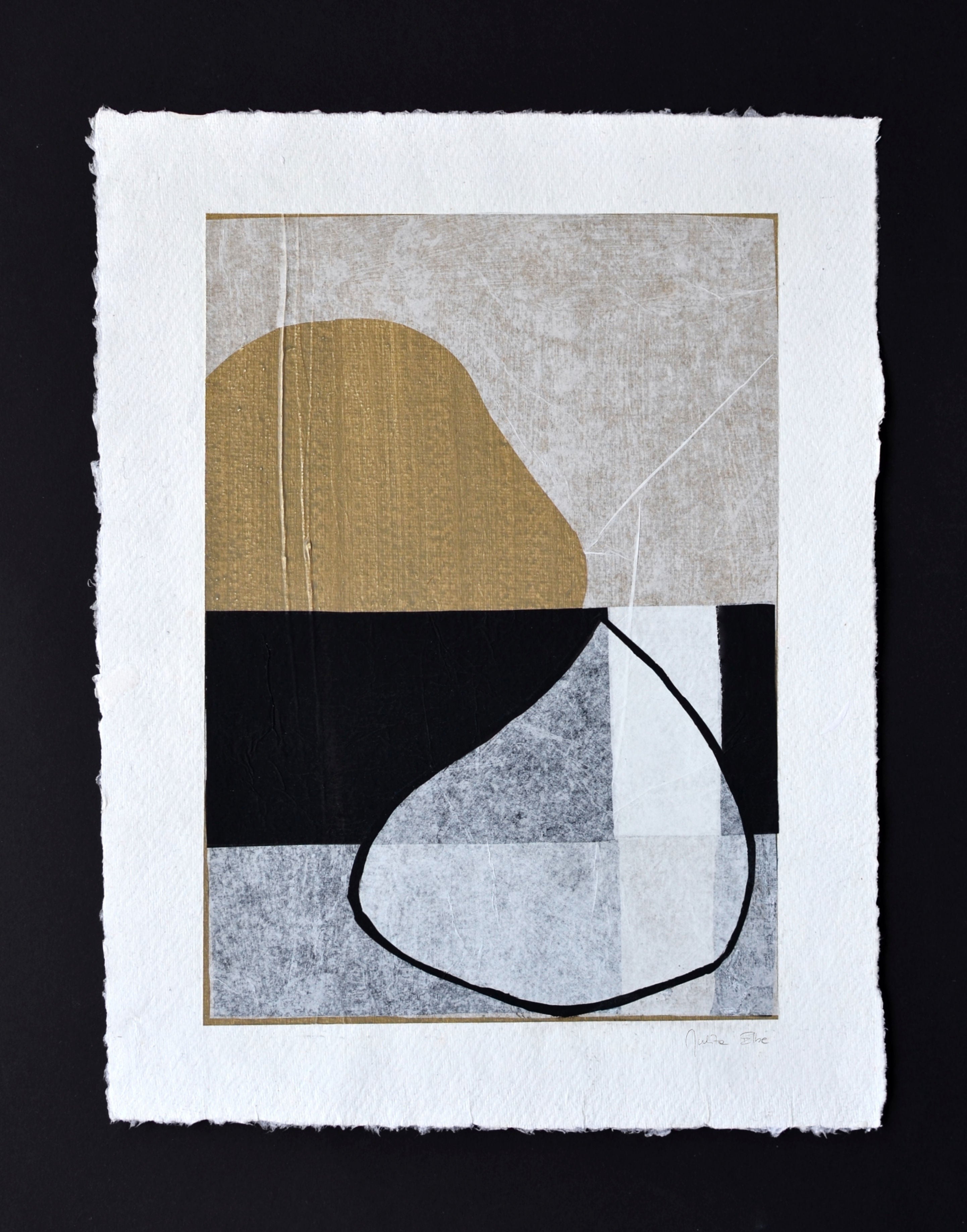 An abstract art piece featuring geometric shapes in gold, black, and grey tones on textured paper against a black background. the artwork includes curved and straight lines creating a minimalistic design.