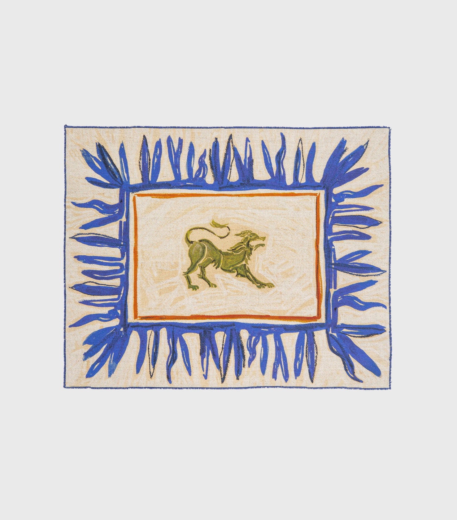 A rectangular tapestry with a central image of a lion in green with a raised paw, surrounded by a golden background. The tapestry is bordered by a geometric pattern resembling blue leaves or flames.