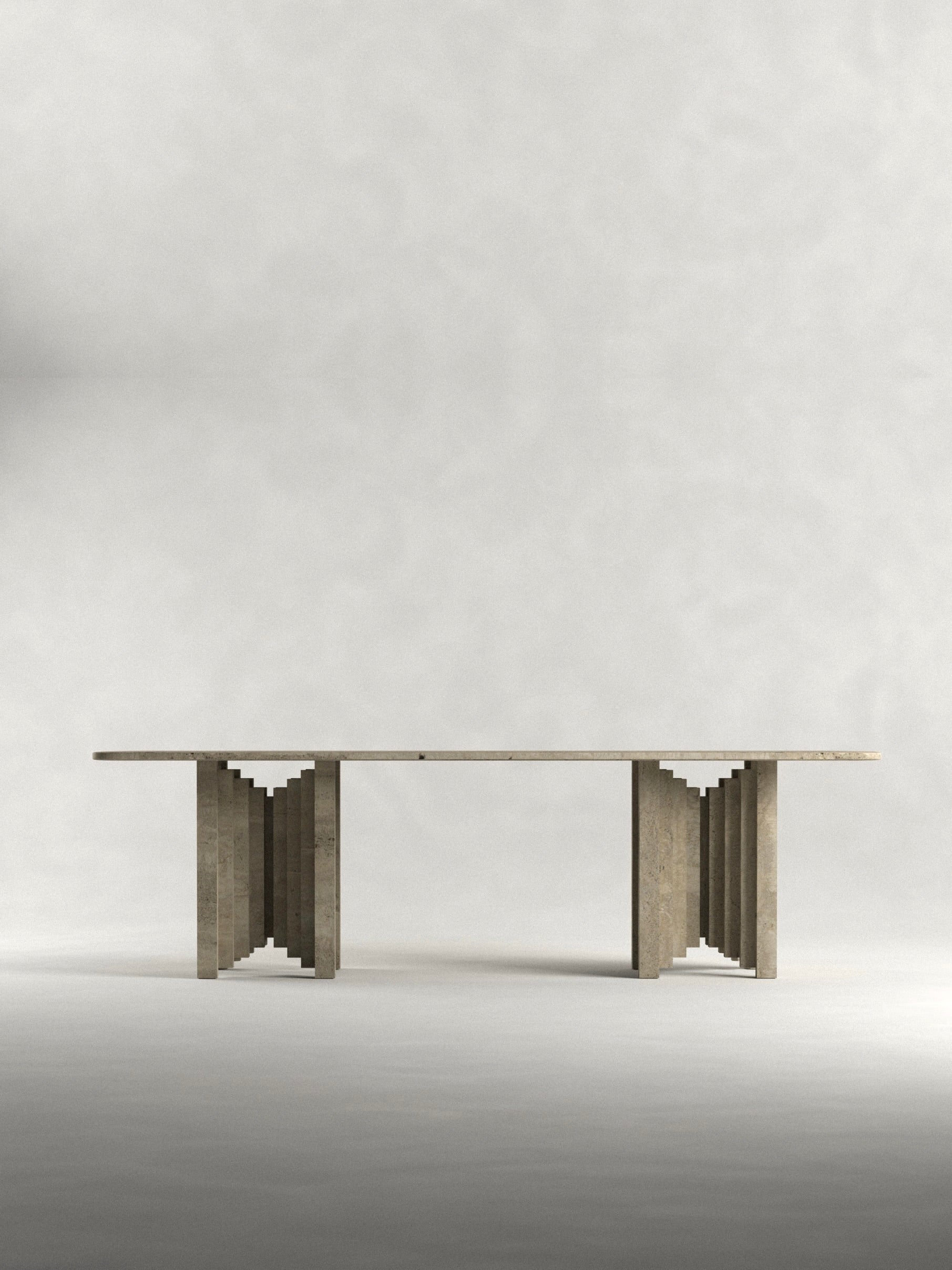 On a seamless, neutral backdrop, the "Calakmul" Dining Table S1 by Siete Studio stands out with its modern minimalist design featuring a flat rectangular top and geometric supports. Skillfully handcrafted, the lighting accentuates the table's architectural lines and texture.