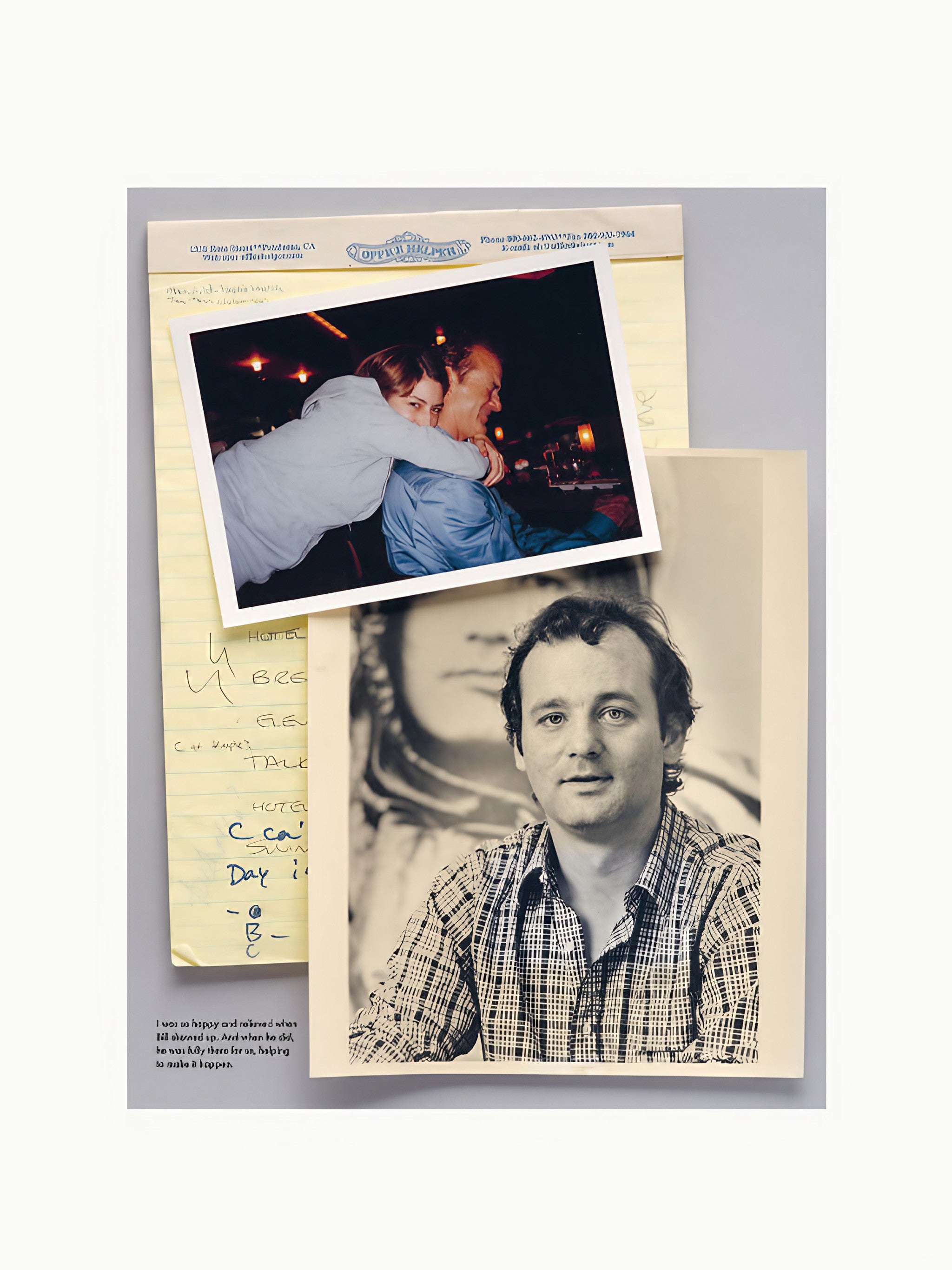 A collage of photographs and notes on a beige background. The top photo shows a couple kissing, the middle photo is a close-up of a smiling man in a plaid shirt reminiscent of scenes from Maison Plage's Archive Sofia Coppola.