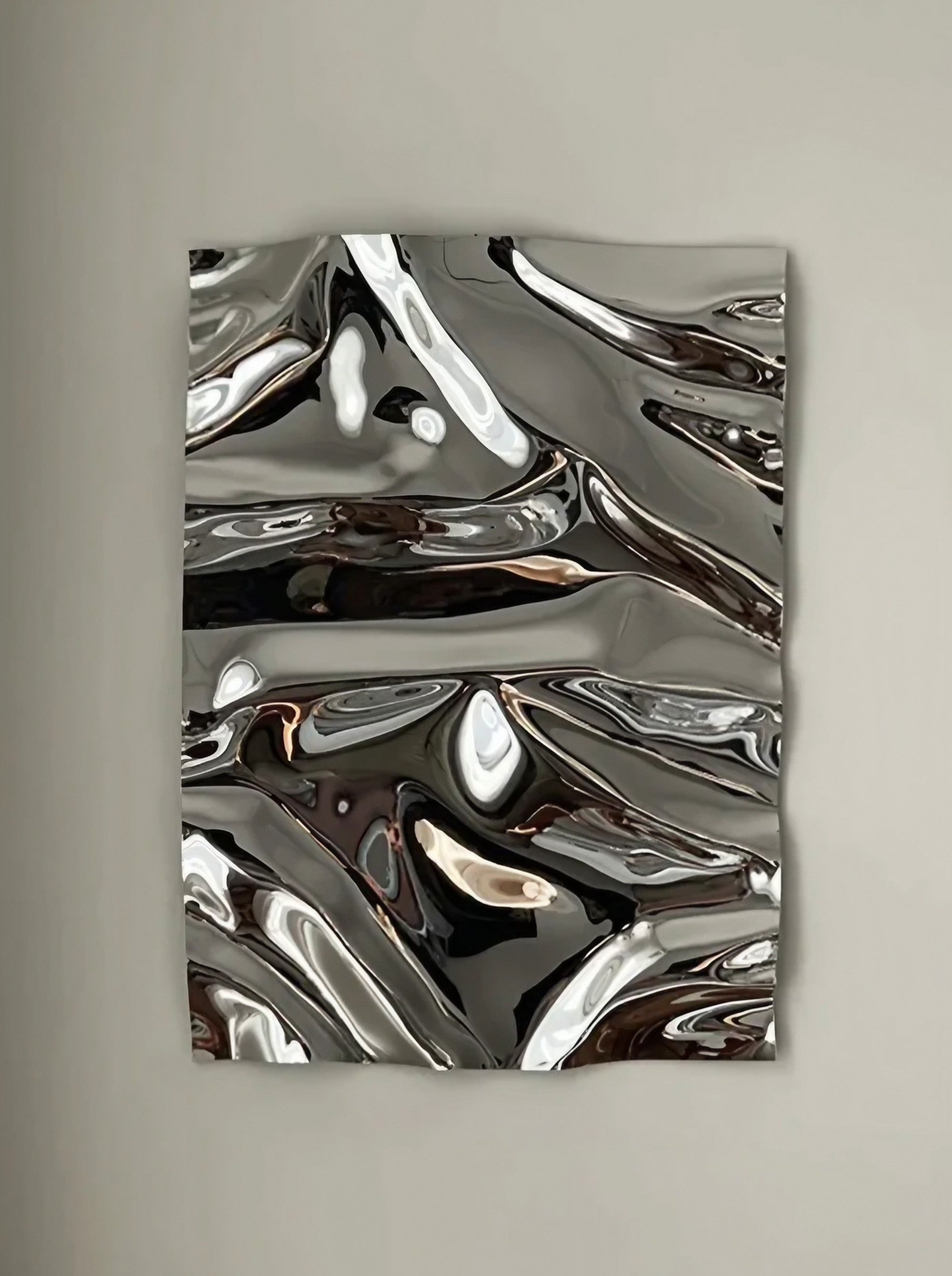 The Psychedelic Mirror by Caia Leifsdotter is a captivating piece of contemporary metal wall art. It features a highly reflective, wavy, and textured surface mounted on a plain background. This exceptional work of art reflects light and distorts reflections, creating an abstract and dynamic visual effect.