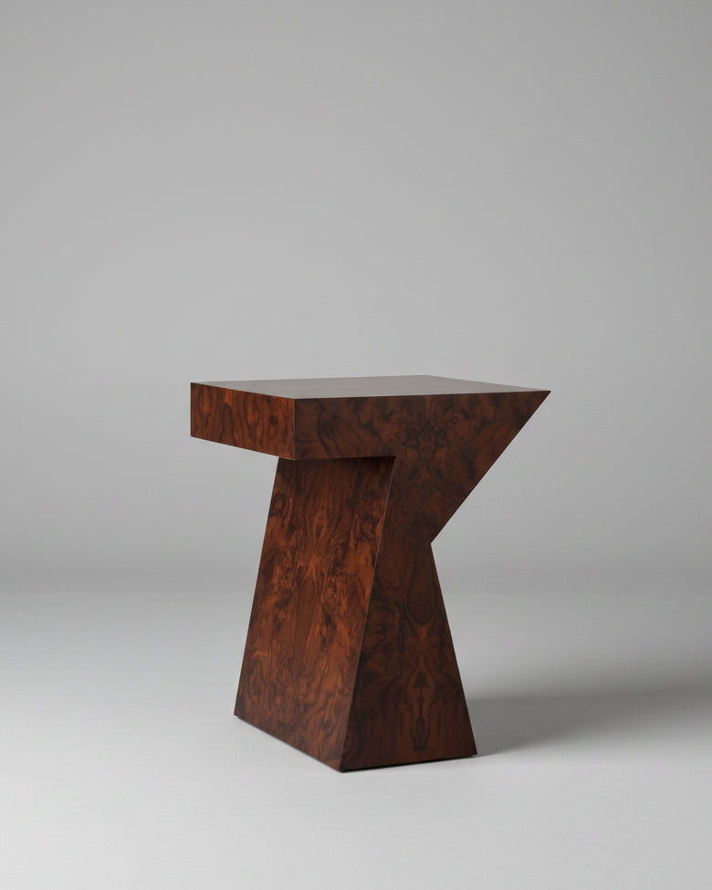 Columbina walnut burl side table with geometric Z-shaped base