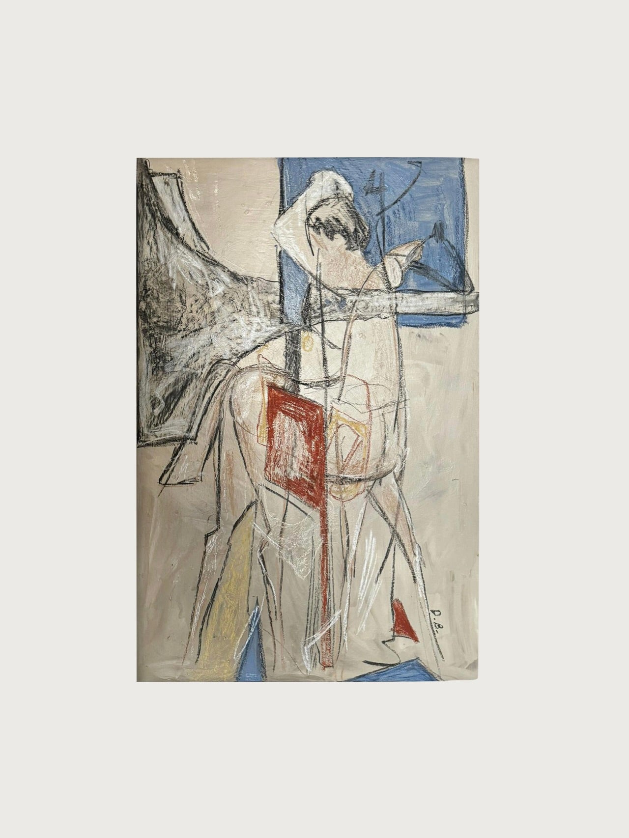 Experience the dynamic and expressive "Literary" by Dovile Bernotaite, an abstract painting executed with acrylic, oil pastel, dry pastel, and charcoal on canvas. The artwork depicts a figure with angular lines in shades of white, brown, and blue. Geometric shapes and fragmented forms dominate the composition, creating a striking visual effect that evokes existential struggle through its abstract elements.