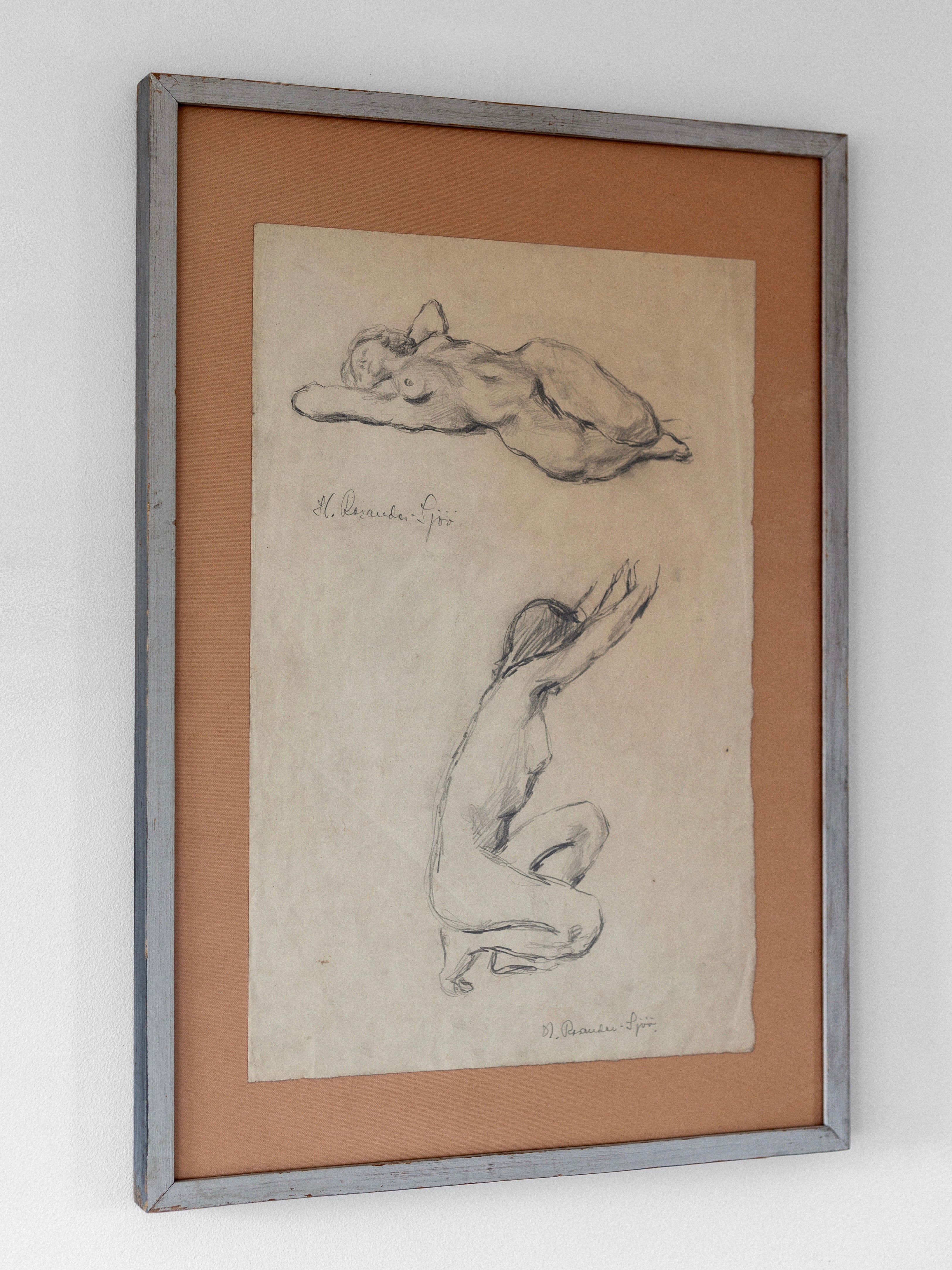 Nude Drawing Study I, 1940s by Spigel features two nude sketches: a reclining figure on top and an elegant kneeling female form below with raised arms. This vintage Swedish-inspired artwork is mounted on a brown mat and encased in a gray frame.