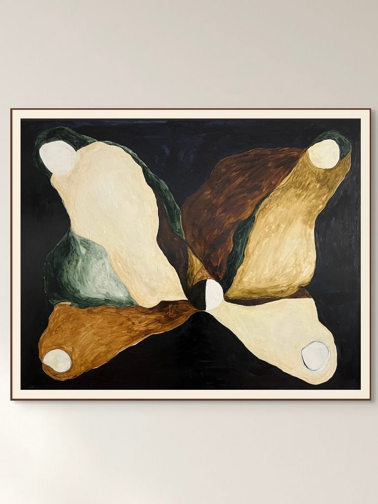 The "CHESS #2 - Painting" by Anna Mörner showcases four intertwined organic shapes in earthy brown, green, and cream on a dark background. This botanical-inspired composition converges centrally and is elegantly displayed in a sleek floating frame for enhanced depth.