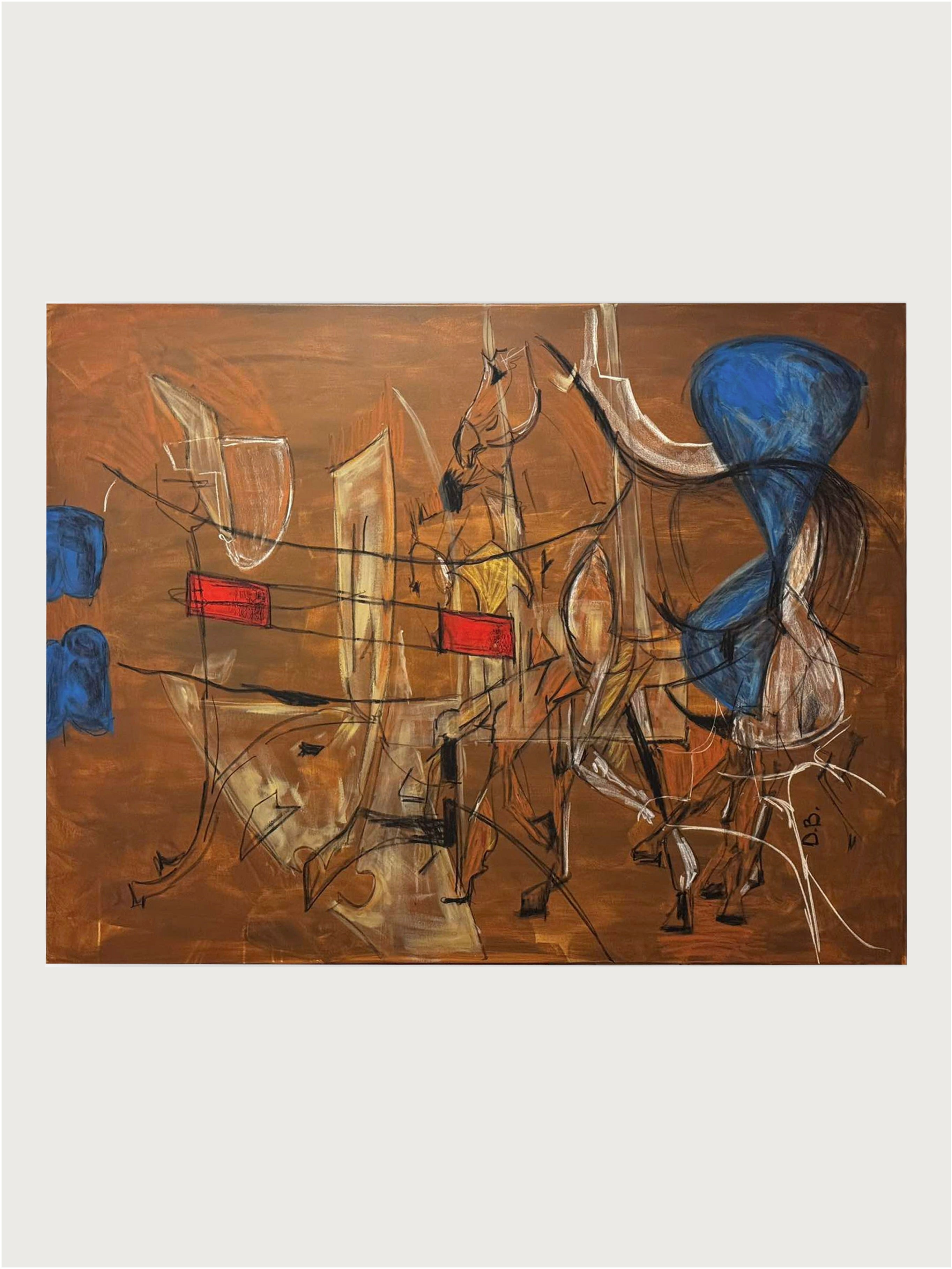 Title: Resonance - Painting on Canvas by Dovile Bernotaite
Description: This abstract artwork features dynamic shapes and lines, where earthy browns and beiges dominate the background. Splashes of vibrant blue and red add depth to the composition. The piece suggests movement and energy through interwoven geometric forms and vibrant brushstrokes, resonating with vivid energies.