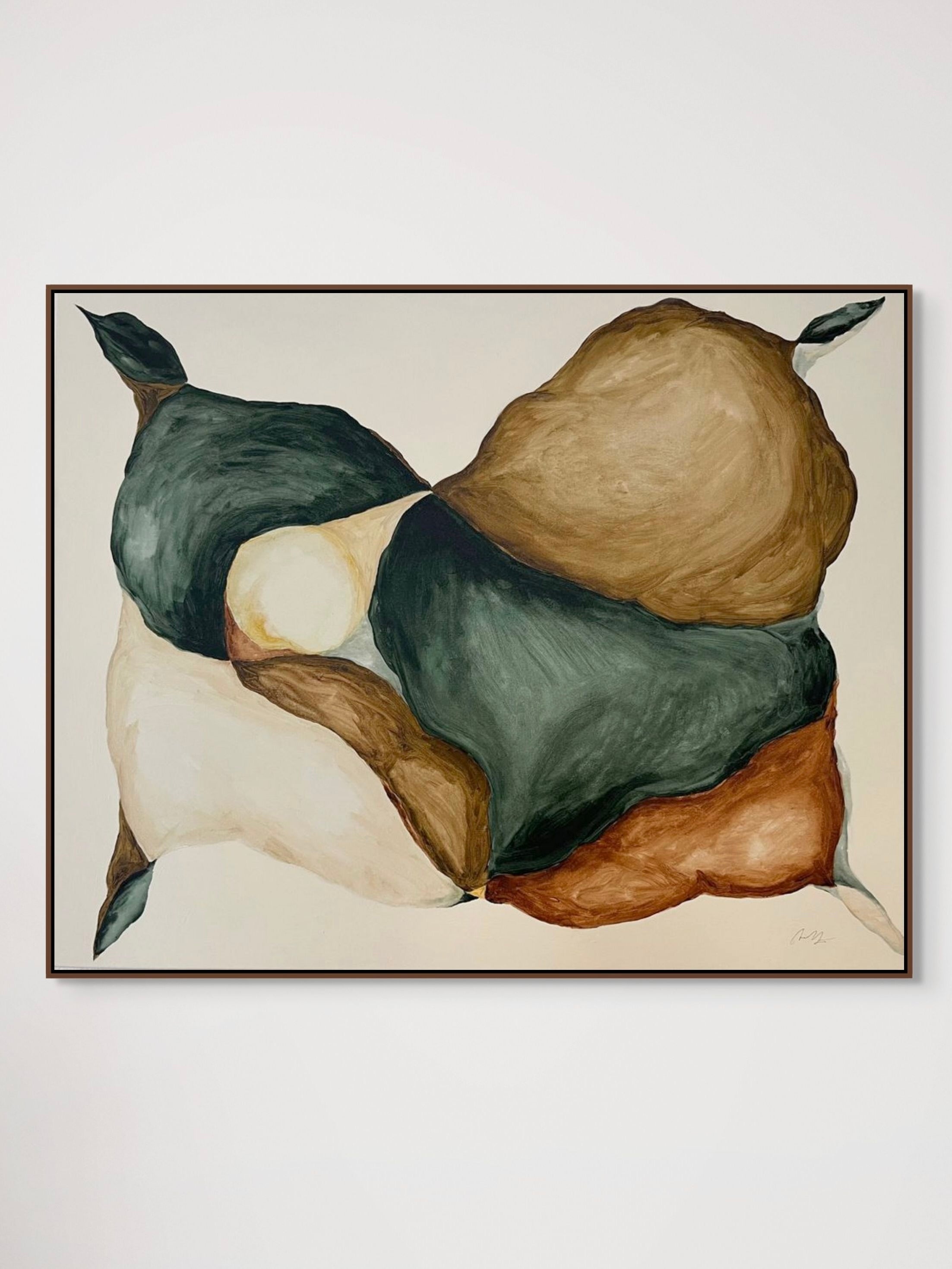 The "Eon" painting by Anna Mörner showcases organic shapes in earthy tones of green, brown, and beige, layered and interwoven on a light background. The composition resembles flowing forms that evoke movement and harmony, elegantly framed with a thin dark floating frame for a refined finish.