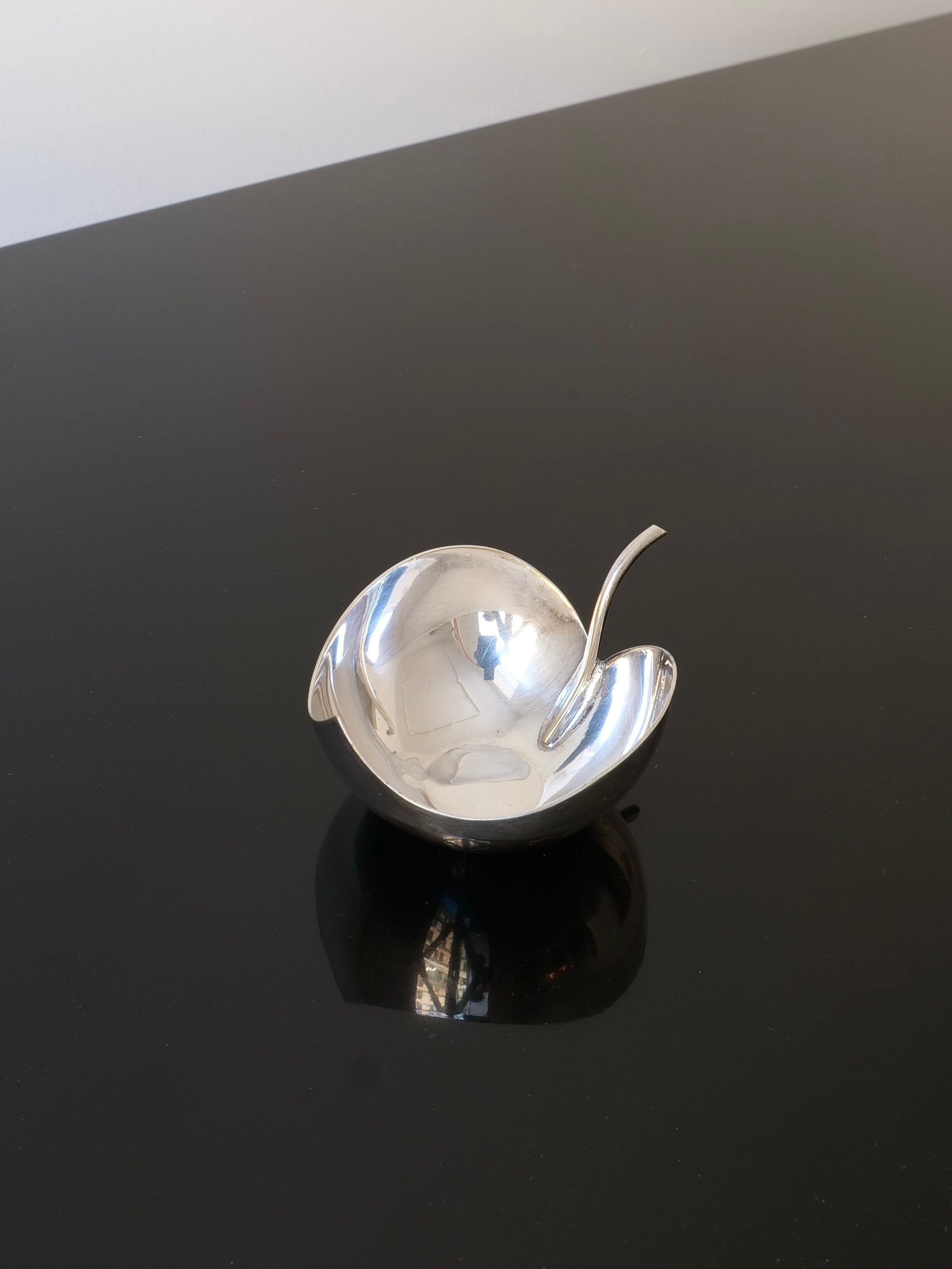 A shiny, Christofle Leaf Bowl crafted by Collection apart graces a glossy black surface with its unique, abstract shape. The bowl has a small spoon resting inside, reflecting light and casting subtle shadows on the table—a testament to the artistry of renowned silver makers.