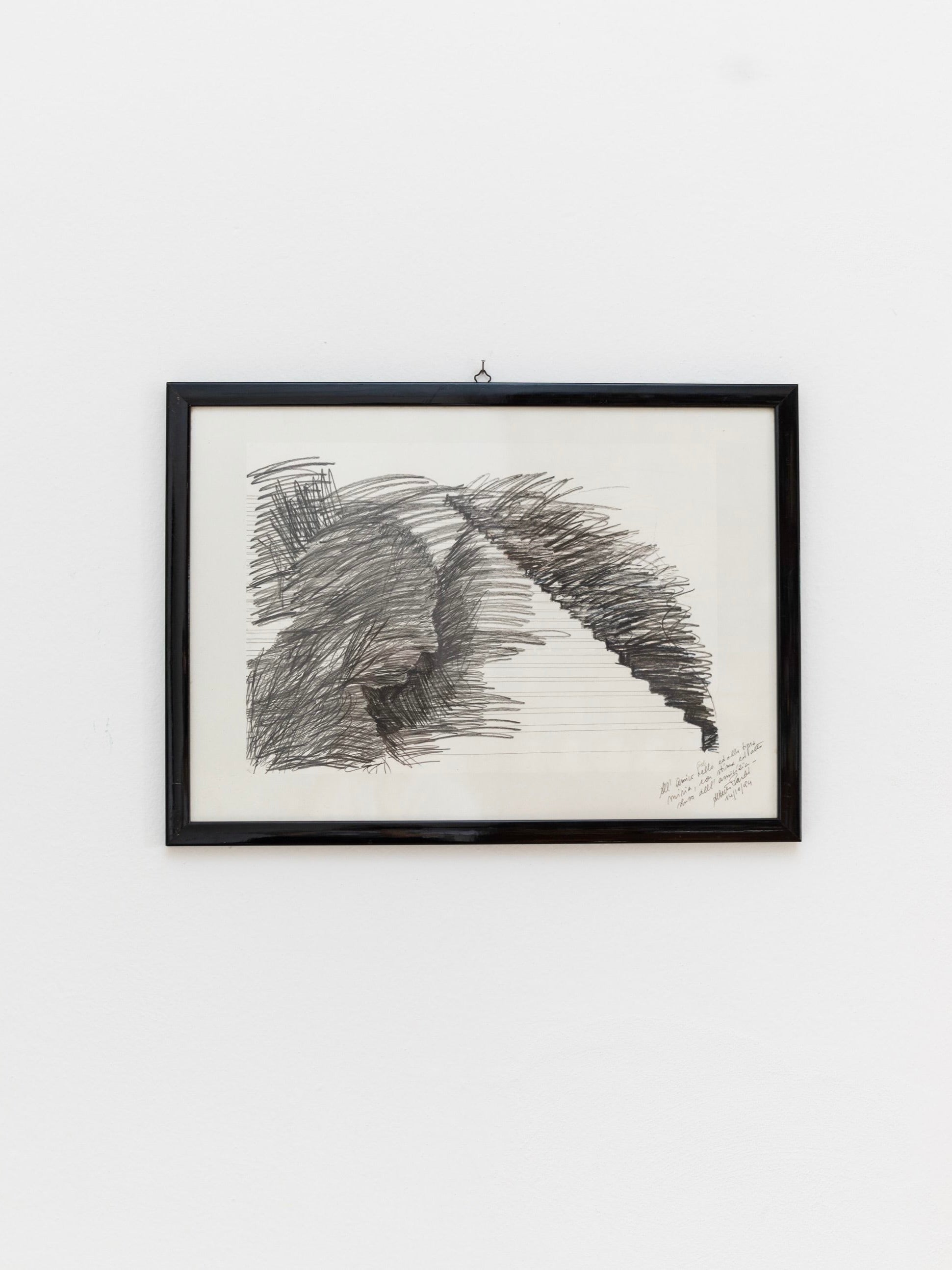 An Original Drawing, Abstract Motif in Wooden Frame from the 1960s, crafted by Bottega Jacobs in Italy, is displayed on a white wall. This artwork showcases dark swirling pencil strokes and zigzag lines that form a dynamic and textured composition, complete with handwritten notes in the lower right corner of the paper.