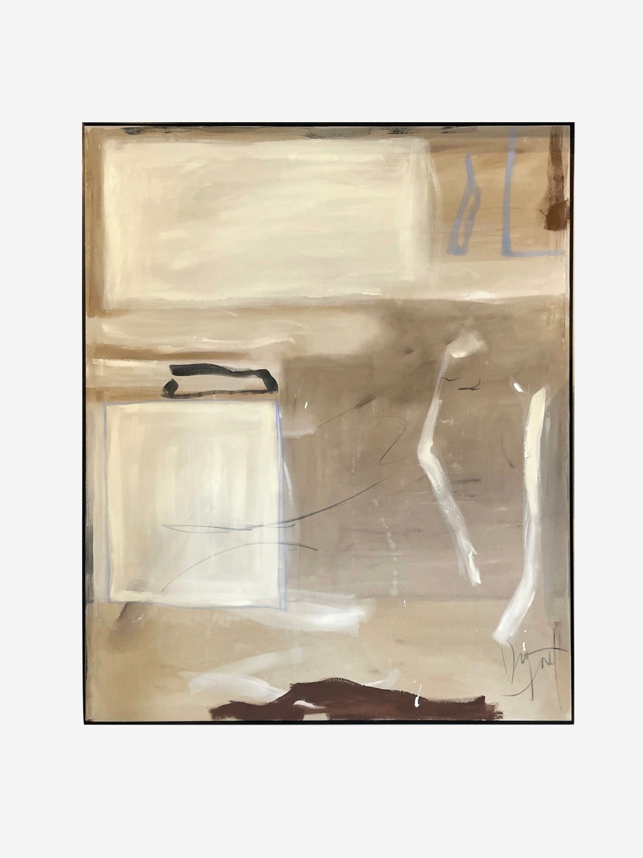 The Espacios painting by Paula Piquet is a contemporary artwork featuring a neutral color palette of beige, cream, brown, and hints of gray. The composition showcases soft, blurred rectangular shapes alongside bold, fluid brush strokes created with acrylic and pastel on canvas. The piece is signed by the artist in the bottom right corner.