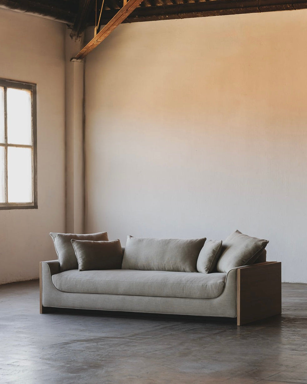 Modern Marina sofa in grey linen with exposed wooden frame