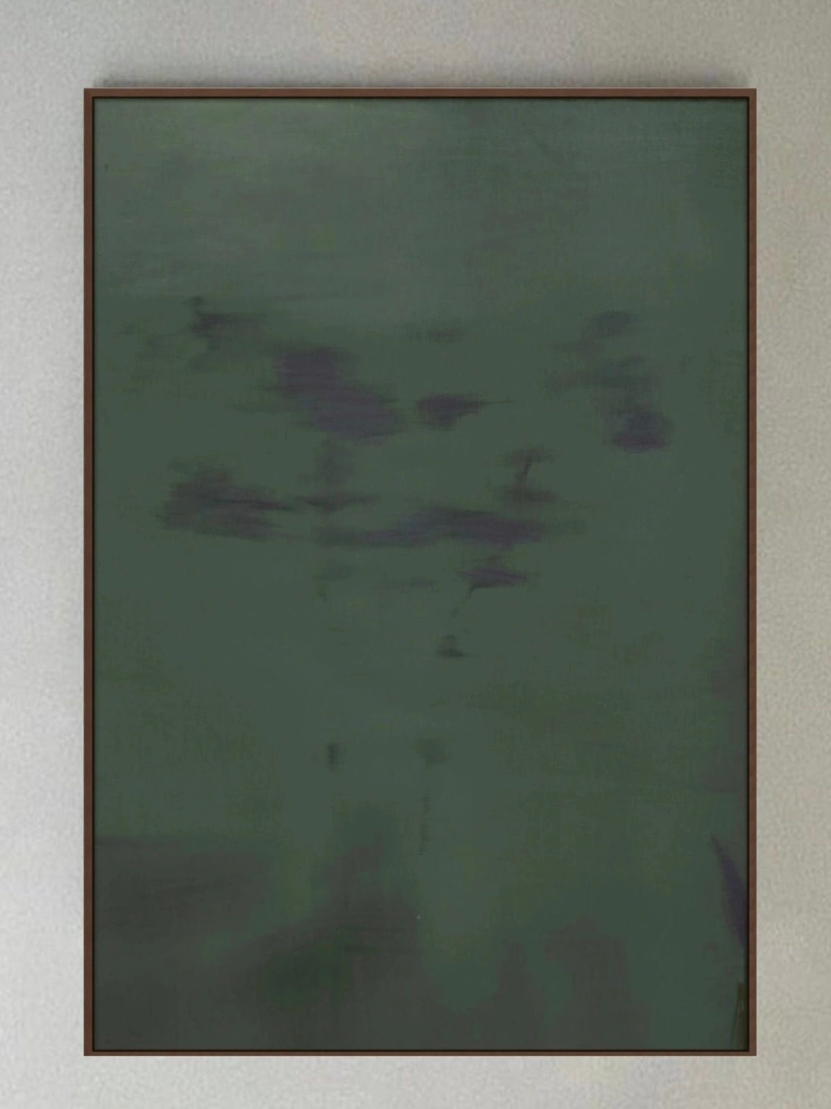 The "Can't Hide the Madness" by Yeliza Gevorgyan is a framed abstract painting featuring various shades of green and dark grayish-blue shapes, evoking an underwater scene. The pigment on canvas blends softly to create a serene atmosphere, all set elegantly in an Italian ebony oak frame.