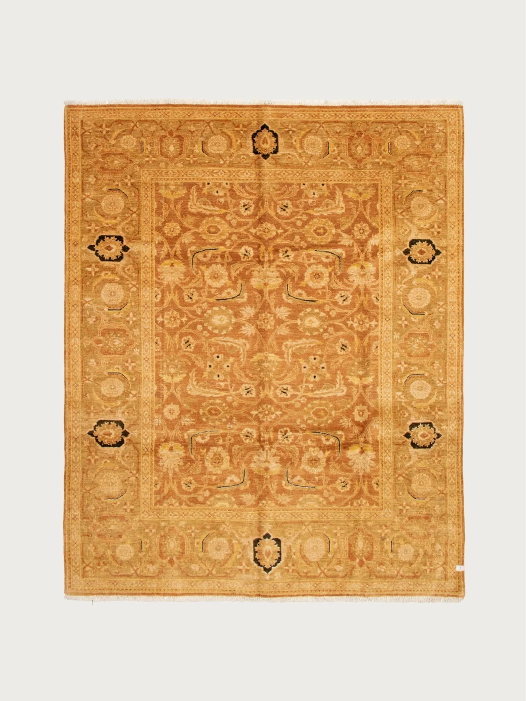 The Chobi Rug in Ardor by catalog:three (239 x 292 cm) is a square, ornate wool rug with intricate floral and geometric patterns, dark accent medallions at corners and edges, and a light background.