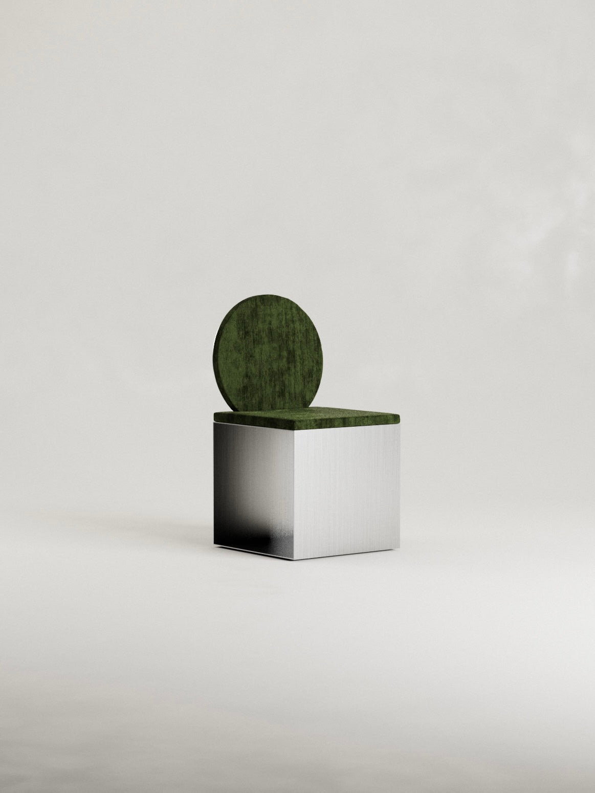 The 'Fragua' Chair by Siete Studio is a modern chair with a geometric design, metallic rectangular base, and green circular backrest against a neutral background, offering minimalist design, clean lines, and sleek appearance.