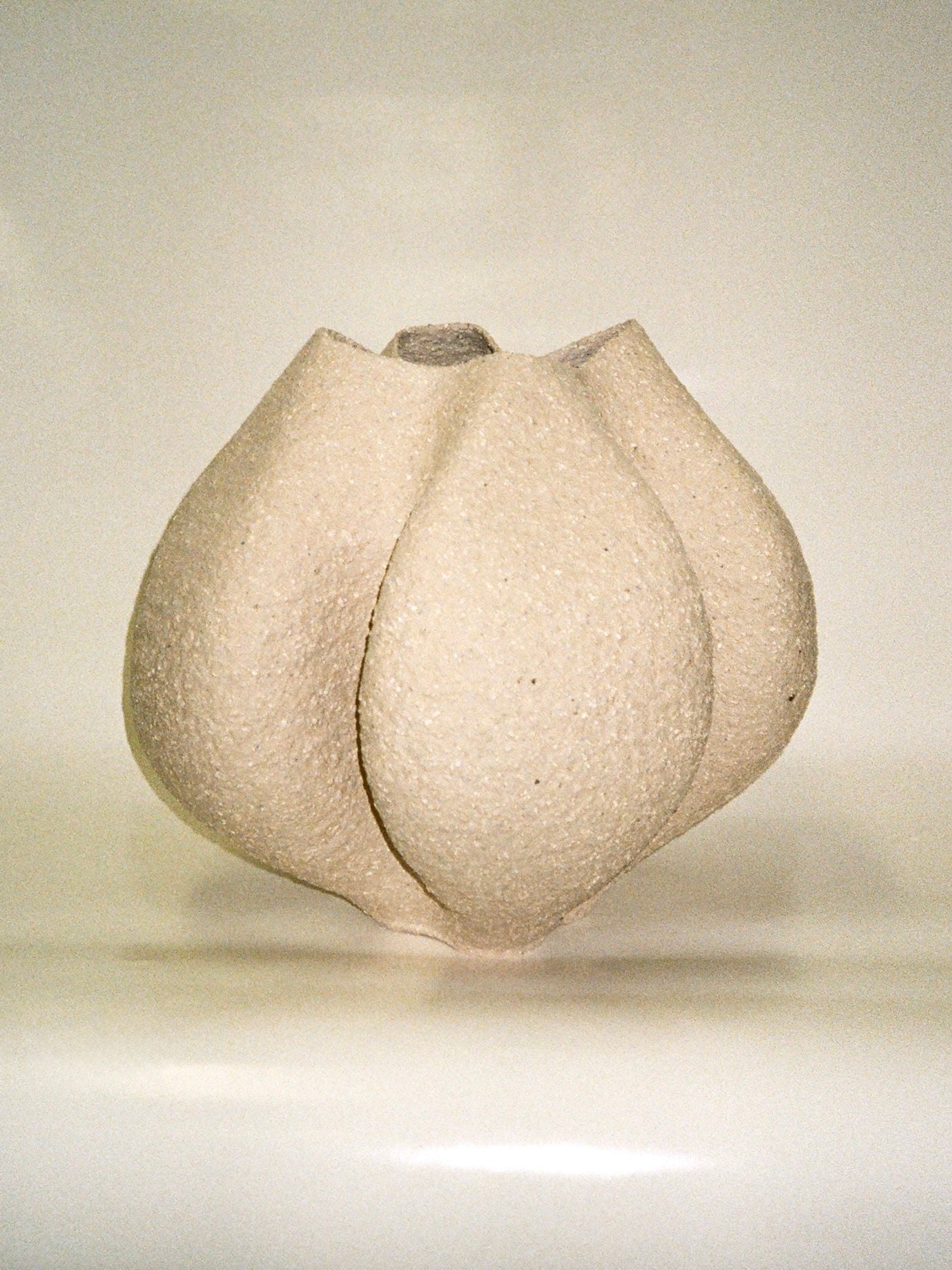 The Growing Vase n.6 by Aiste Bagdonaite is a unique beige vase with a textured, garlic-bulb-like form, displayed on a smooth white surface against a plain background.