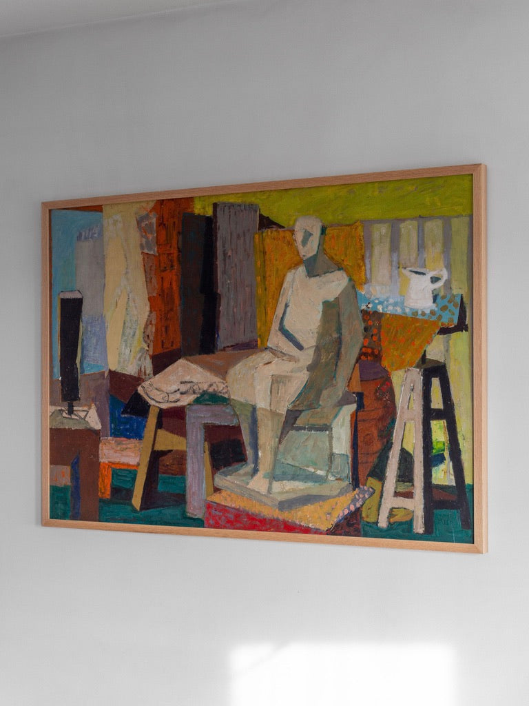 The Large Vintage Modernist Oil Painting by Spigel, dating back to the 1940s, showcases an abstract figure seated on a bench amidst vibrant geometric shapes, echoing the style of mid-century European abstraction. The artwork is adorned with shades of green, brown, orange, and blue and is encased in a wooden frame.