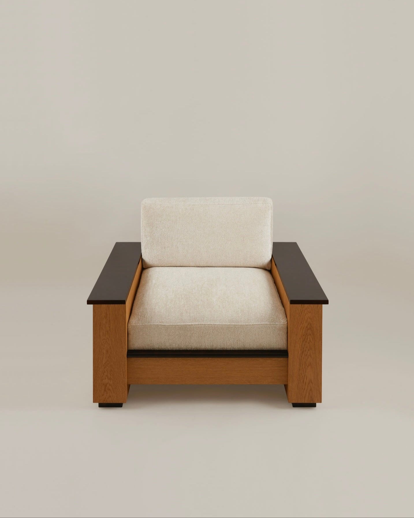 Introducing the "Le Capitaine" Arm Chair by HAUVETTE & MADANI, a modern seating piece with cream cushions and a wooden shell frame. This chair is designed with lacquered armrests and base, offering a sleek contrast to the light upholstery. It stands elegantly against a plain background.