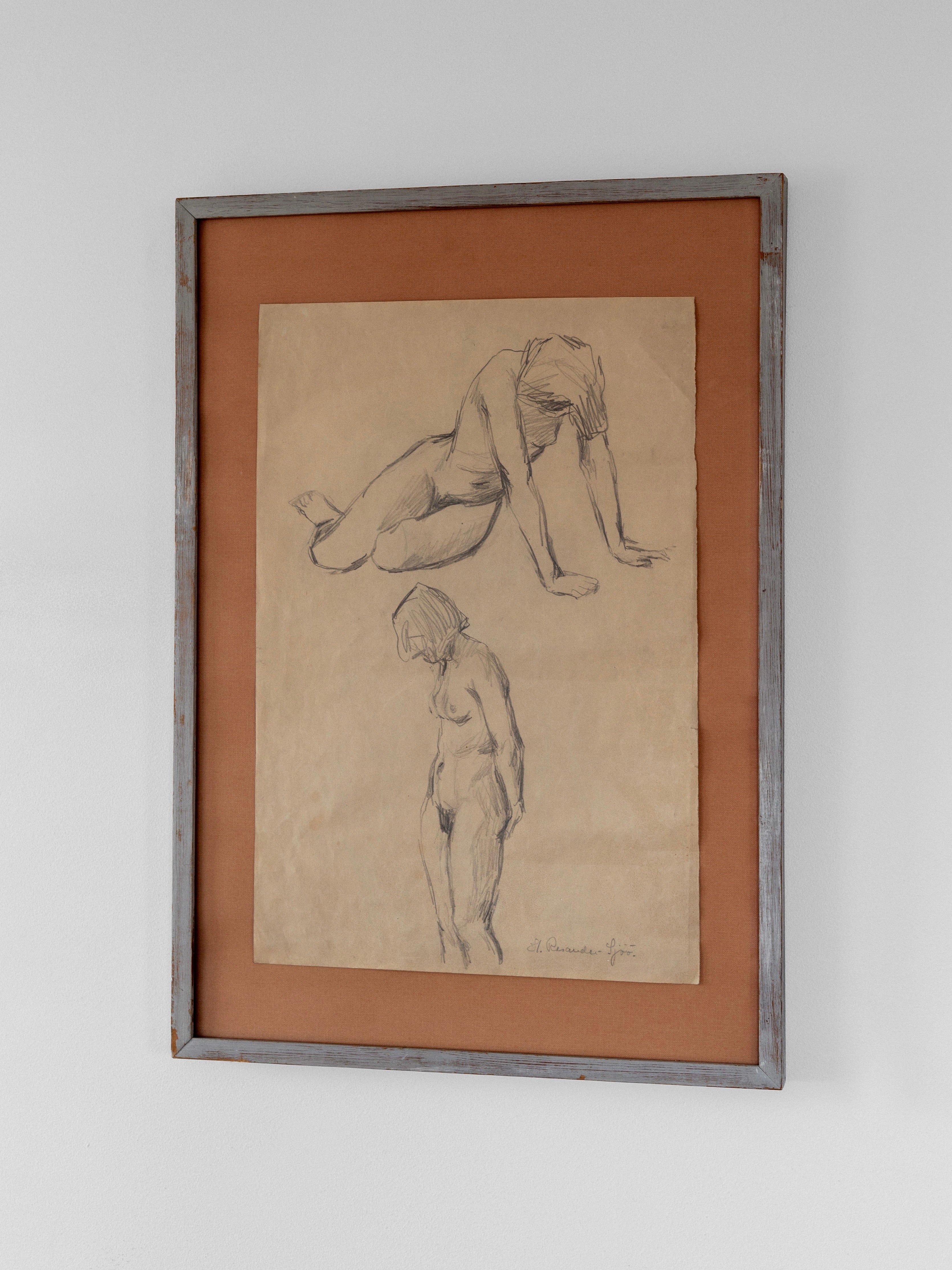 The Spigel "Nude Drawing Study II, 1940s" features a framed sketch of two nude figures: one kneeling hands down and another standing with a bowed head. This vintage piece on aged paper captures the grace of female form study, akin to Harriet Rosander de Tourtchaninoff's style.