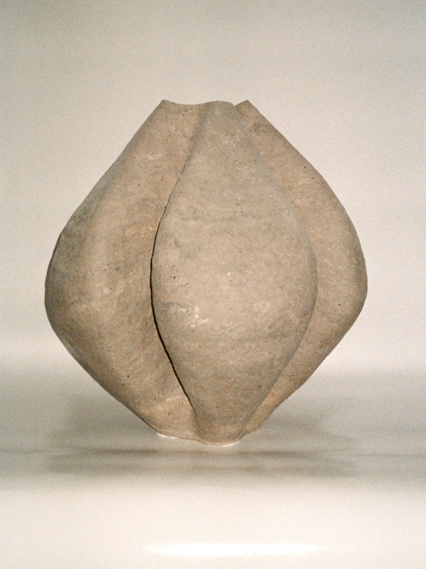 Growing Vase n.4 by Aiste Bagdonaite is a smooth, light-gray abstract sculpture with four curved, petal-like segments converging at the center, reminiscent of a handbuilt vase and set against a plain white background.