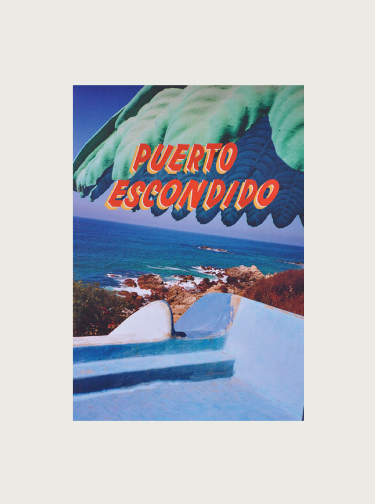 A vibrant poster featuring a coastal scene on Mexico’s Pacific coast with blue ocean waves, rocky shoreline, and lush greenery under a teal awning. Bold, orange text reads "Puerto Escondido by Bastien Lattanzio" overlaying the image, capturing the essence of a leisure lifestyle. This beautiful piece is brought to you by Maison Plage.