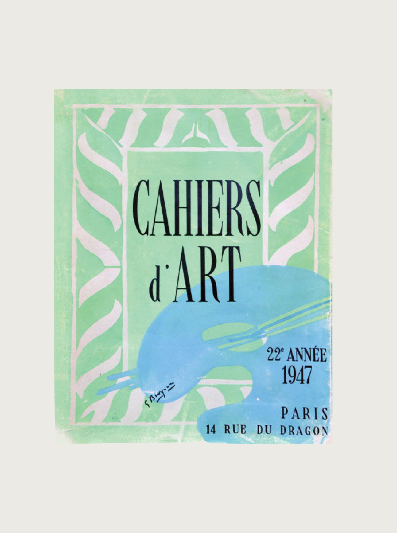 A vintage edition magazine cover with the text "Revue Cahiers d'Art 1947" framed in a rectangular border adorned with leaf patterns. The bottom right corner reads "22e Année 1947" and the address "Paris 14 Rue du Dragon." The background showcases green and teal abstract designs, melding contemporary art with timeless elegance. Brand Name: Maison Plage