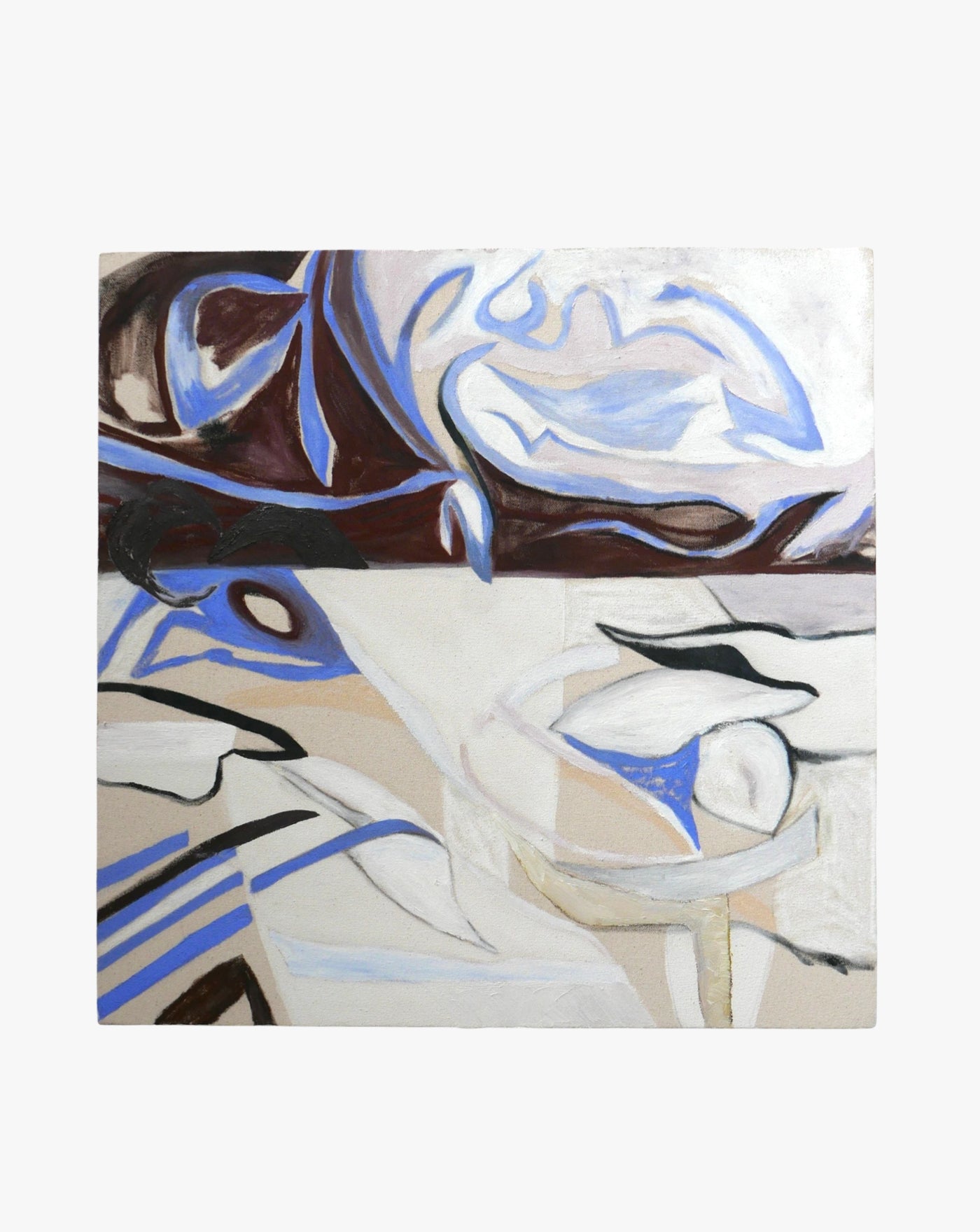 Abstract oil painting on canvas featuring flowing shapes and lines in earth tones and Elena Barber shades of "Blue", suggesting fluid motion or organic forms.