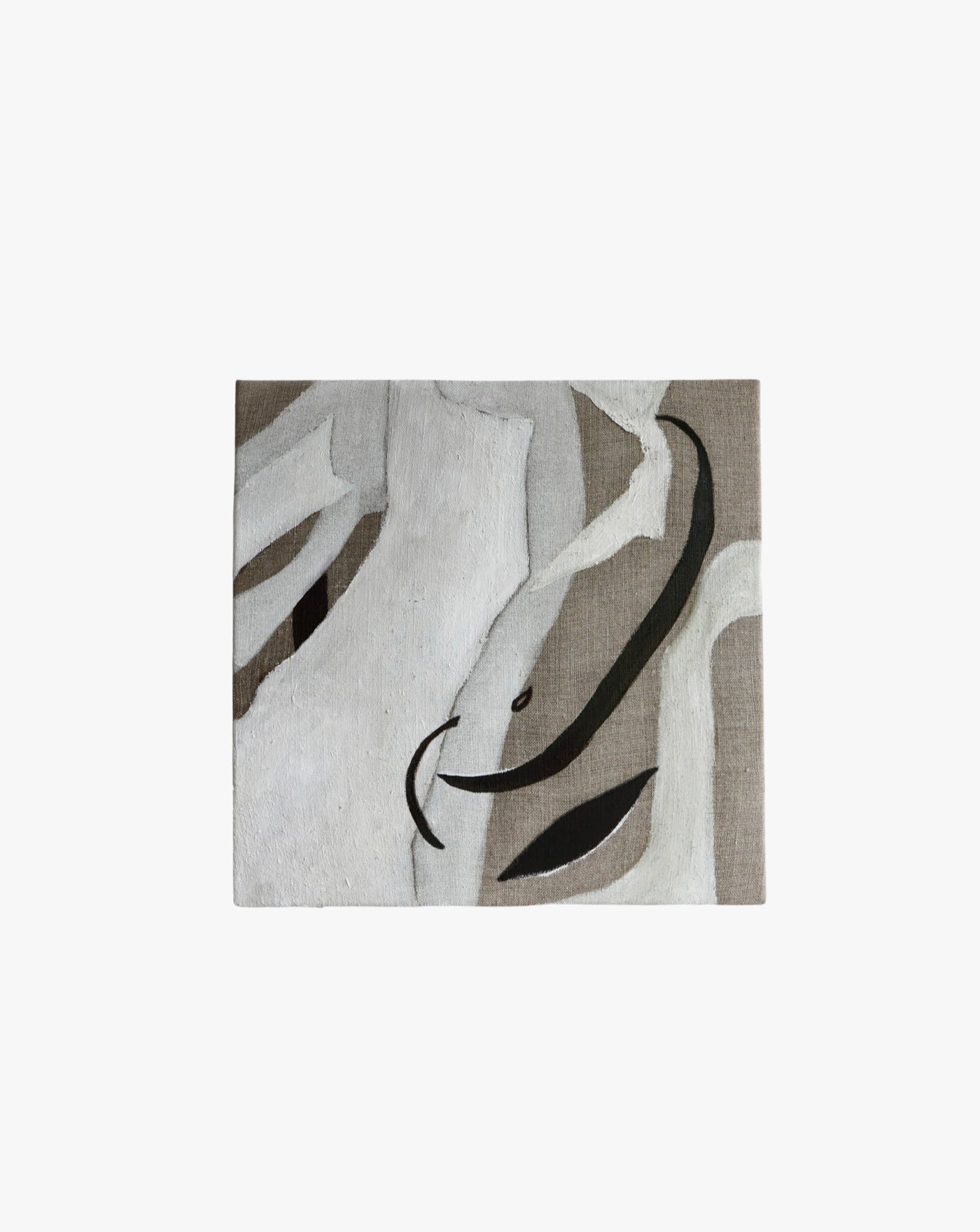 Abstract artwork featuring curved black and gray oil paint lines on a textured, off-white linen canvas, suggesting fluid movement or shapes by Elena Barber's 'Silk Light'.
