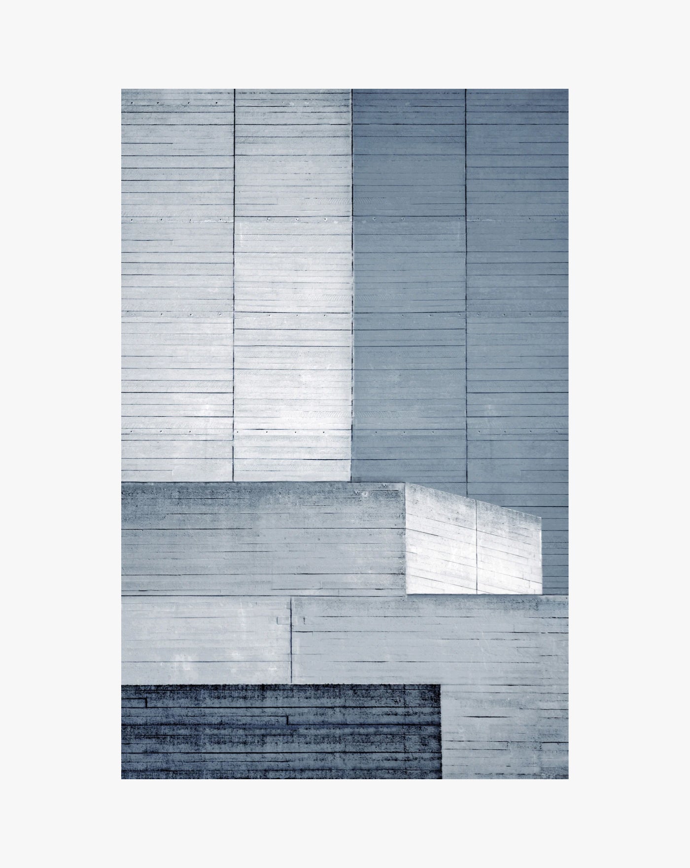 An abstract geometric composition of overlapping rectangular forms in shades of blue and gray, mimicking the Beautiful Brutalism (National Theatre III) of an Amelia Lancaster architectural structure.