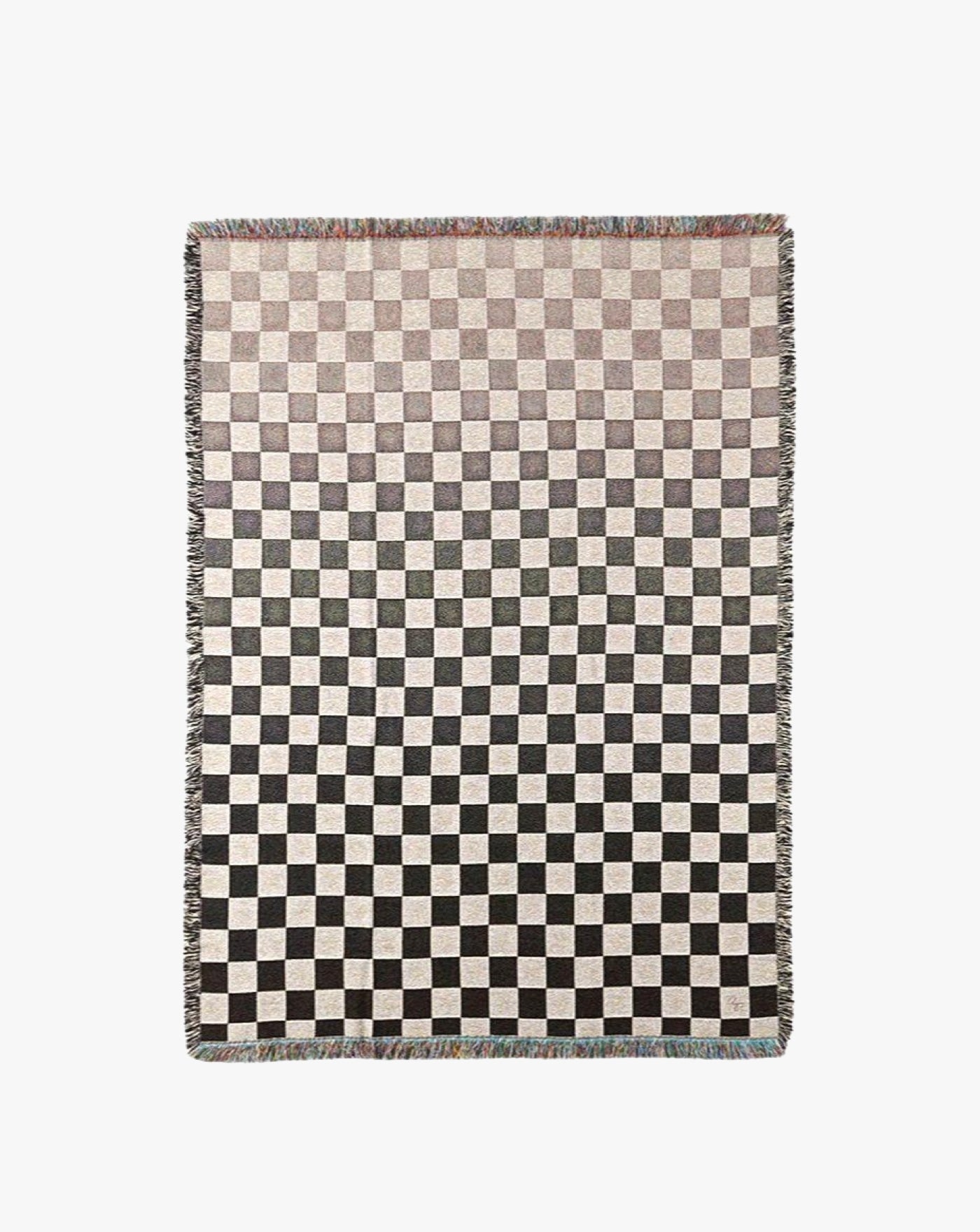 A rectangular area rug featuring a checkerboard pattern in muted shades of brown, gray, and cream, with a textured jacquard woven cotton fringe on the edges.
