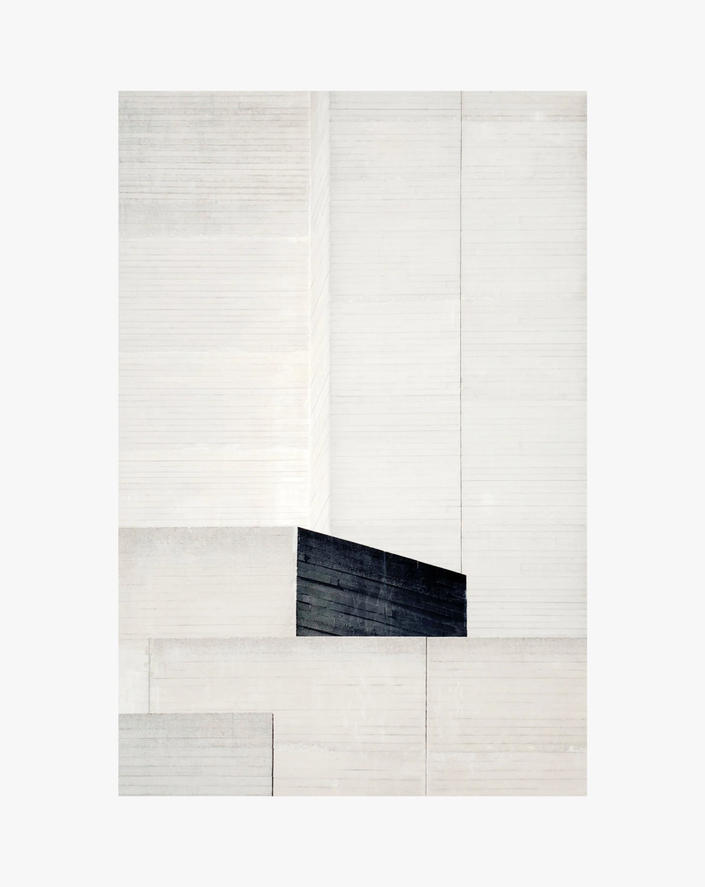 Abstract artwork featuring geometric shapes in shades of off-white, with one prominent black stripe. The composition, inspired by Brutalist architecture, involves intersecting vertical and horizontal lines created by Beautiful Brutalism (National Theatre II) by Amelia Lancaster.