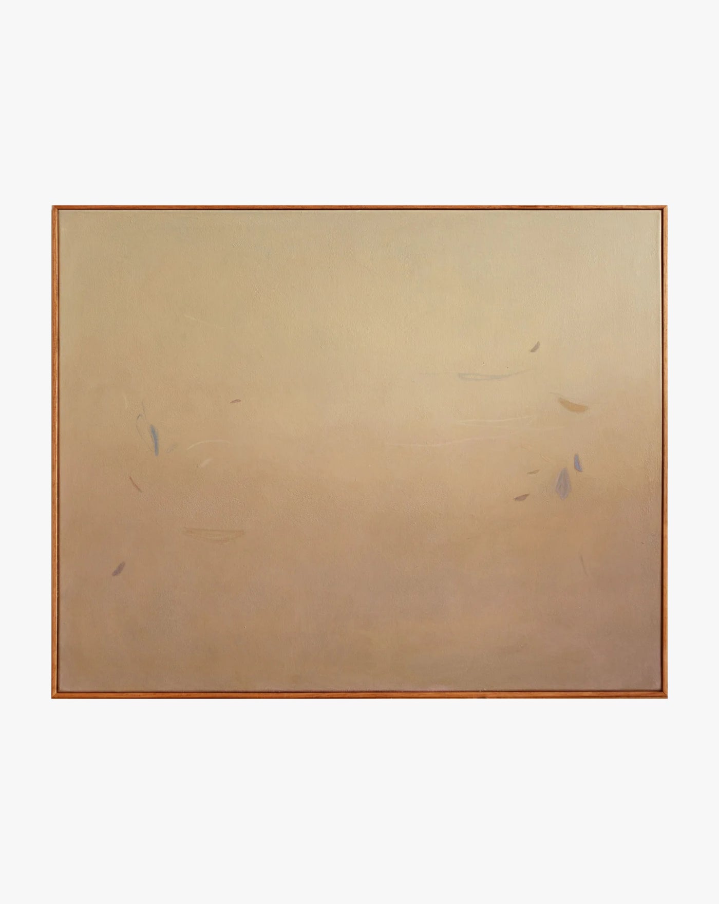 Ponds & Breezes #1, 2023, by Rebecca von Matérn features a beige backdrop with subtle light-hued brush strokes. Framed in a slim wooden frame, it captures minimalism and adds sculptural elegance to any space.
