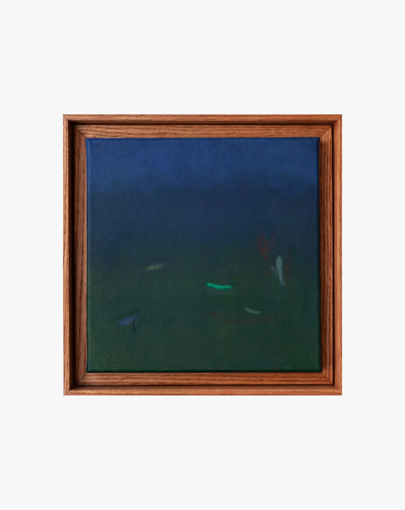 A framed-in-oak painting depicting a dark underwater scene with subtle images of fish swimming, set against a deep blue and green gradient background by Rebecca von Matérn's Ponds and Breezes #5, 2023.