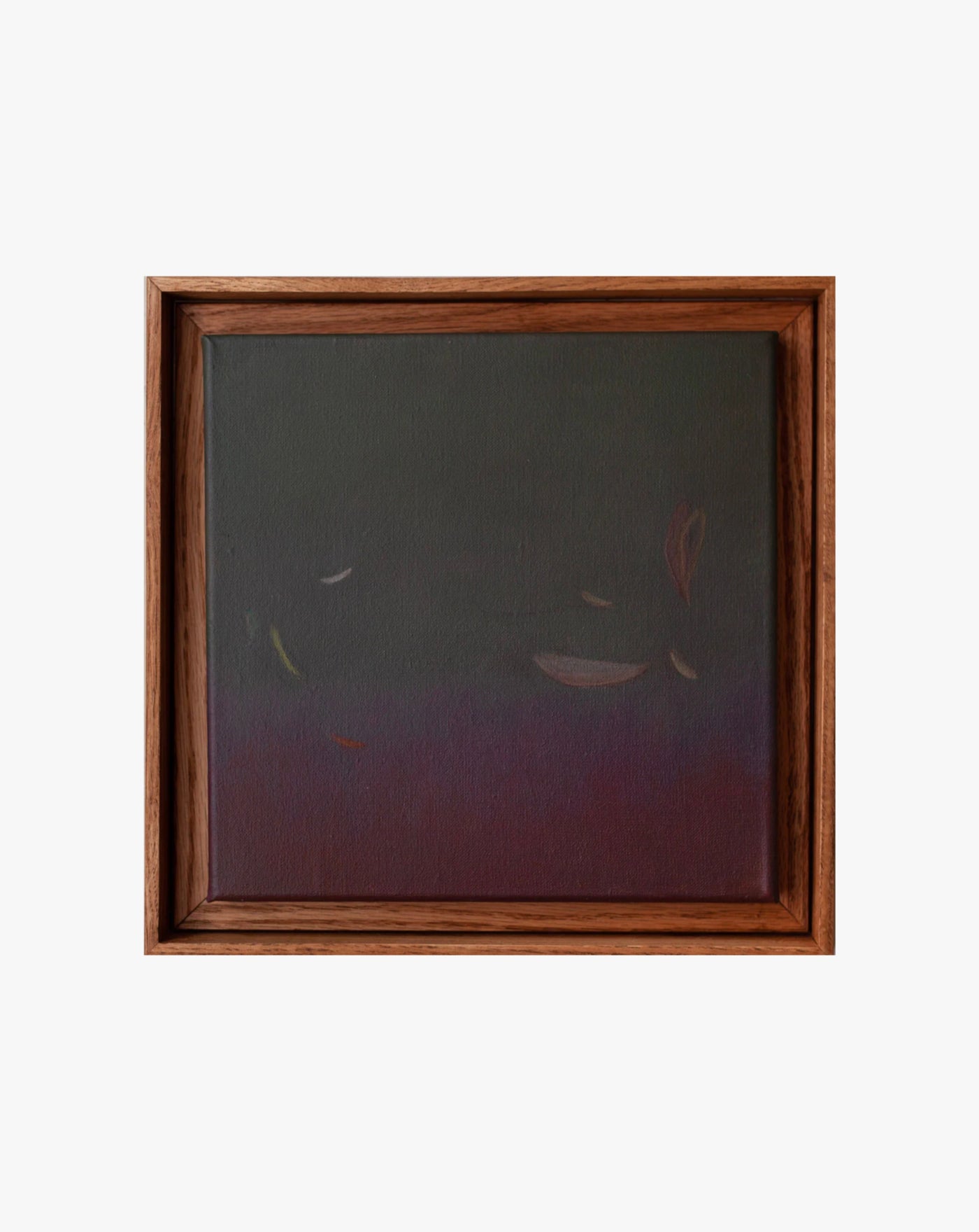 Rebecca von Matérn's "Ponds and Breezes #8, 2023" features an abstract painting with a dark gradient from deep green to maroon. Lighter brushstrokes suggest movement, while the handcrafted wooden frame provides a contemporary touch suitable for luxury interiors.