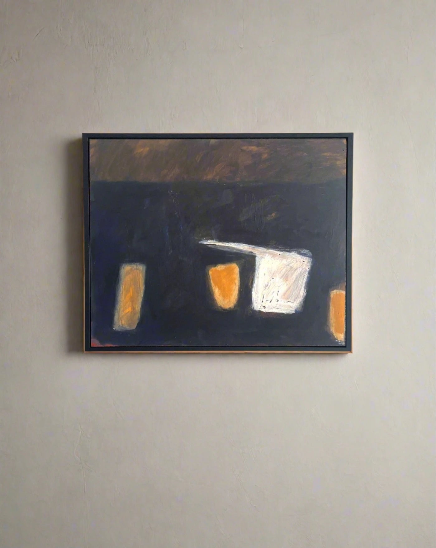 Abstract painting with blocks of dark and light colors, featuring a dominant Midnight grey-black hue with contrasting rectangular white and orange shapes. This original painting uses acrylic and gesso on canvas by Lara Voce.