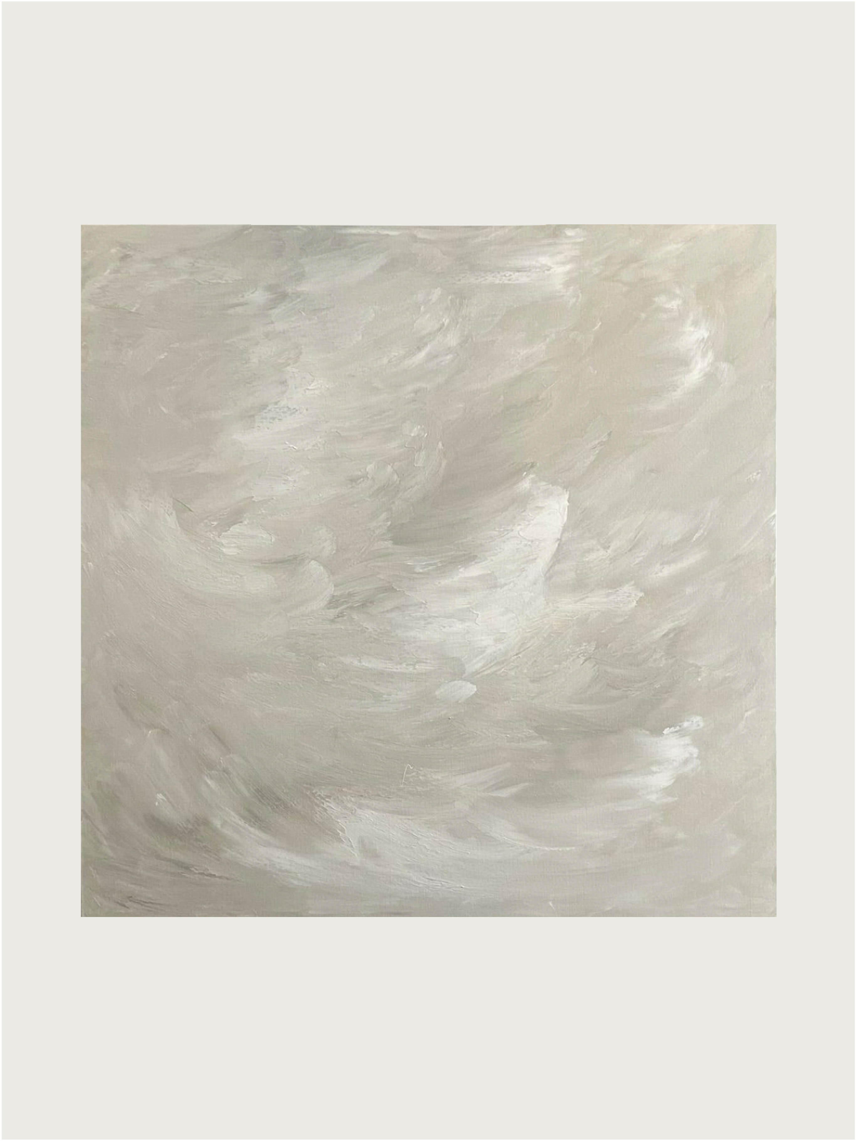 The "Waves of Silence" Painting by Mattias Storm is an abstract artwork showcasing swirling white and gray brushstrokes on a neutral canvas. This mixed media piece evokes a sense of movement, reminiscent of soft waves or clouds.