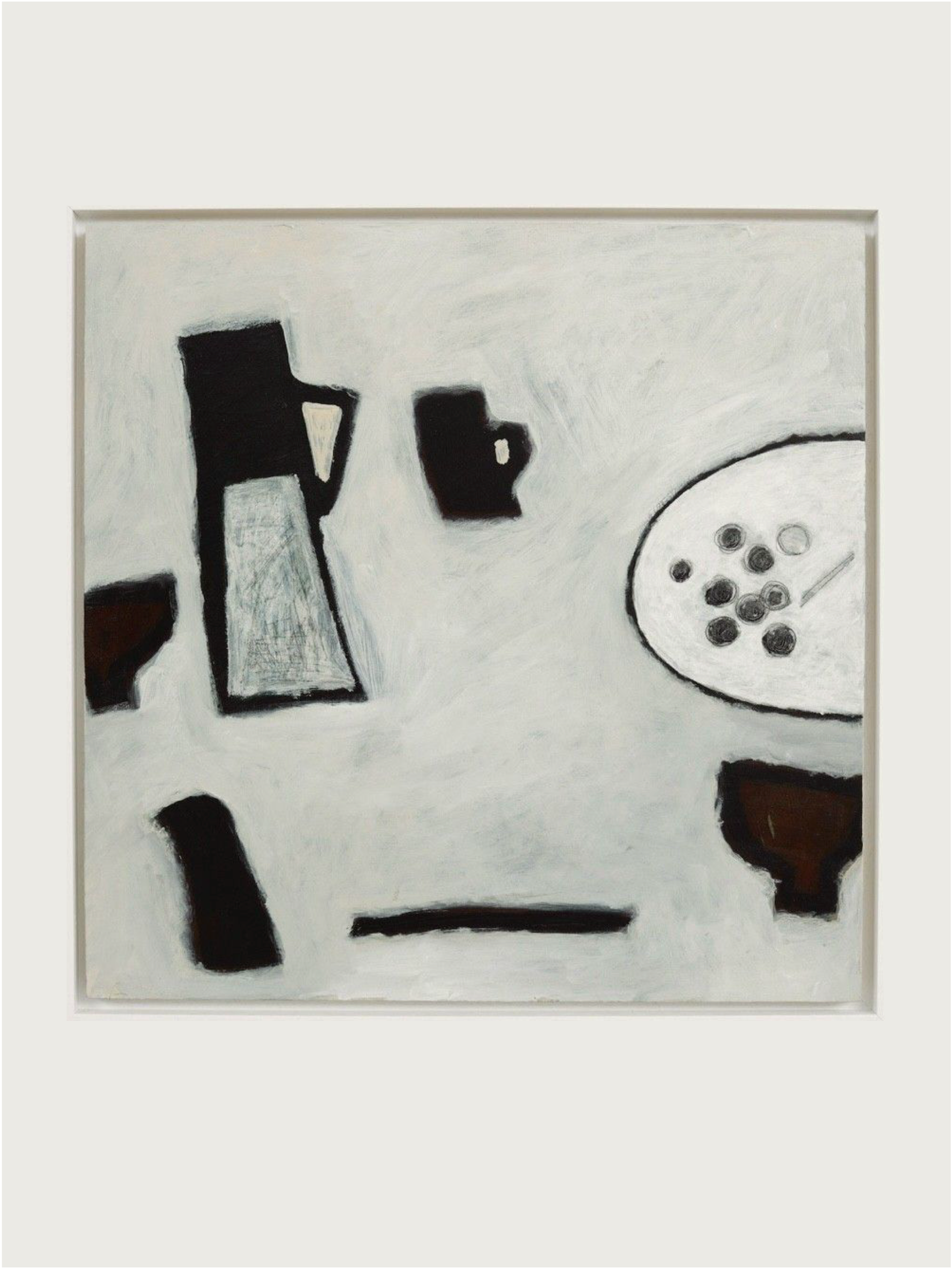 Still Life IV by Lara Voce showcases a minimalist modern aesthetic with black geometric shapes like a pitcher, cups, and a plate on a light gray background. Painted in acrylic on a cradled wooden panel, it evokes the essence of still life art.