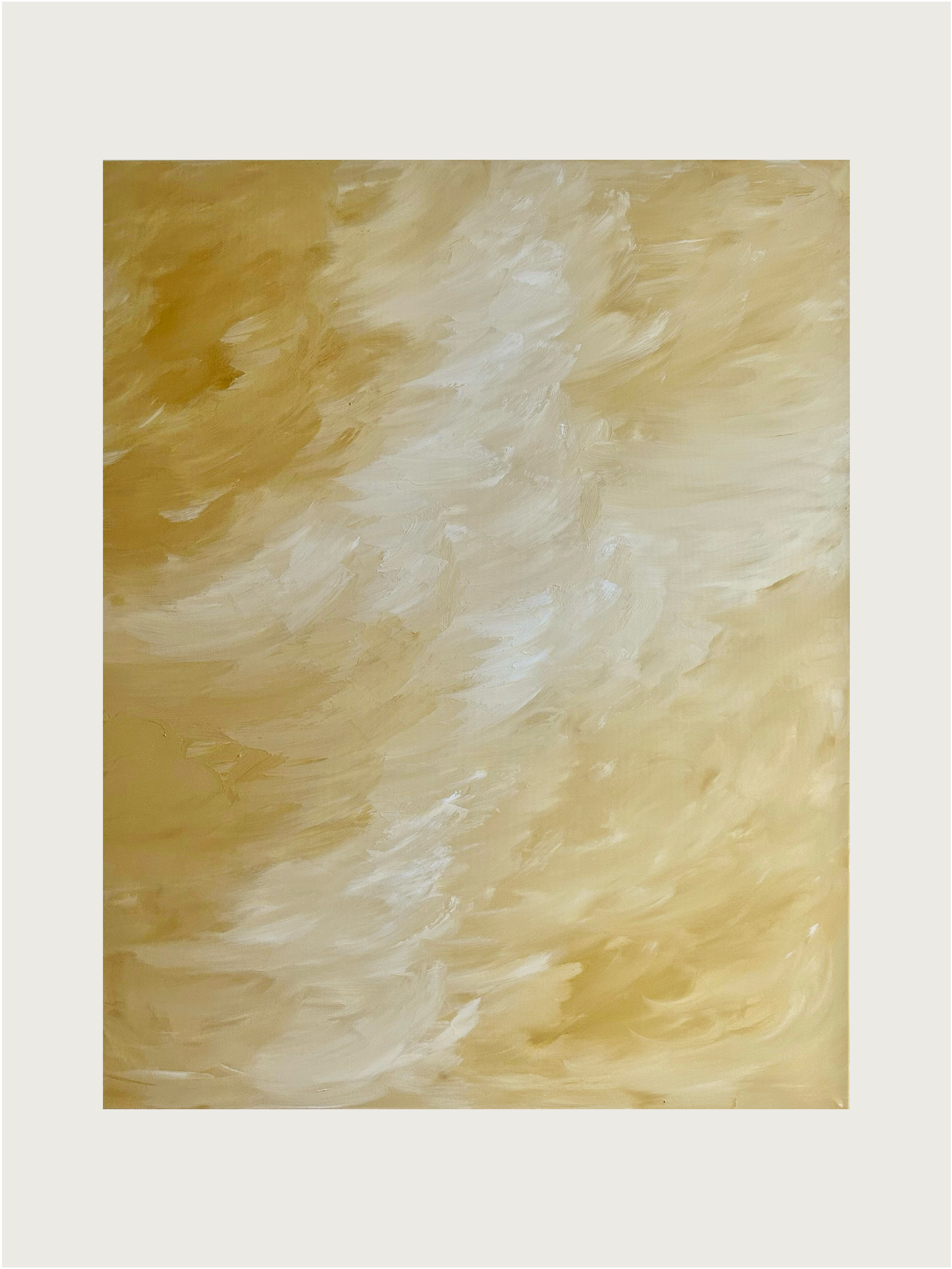 “Sands of Light” Painting by Mattias Storm features swirling strokes of white, cream, and yellow, creating a soft, textured blend that evokes movement and luminosity on a light background. Framed and ready to enhance any space.