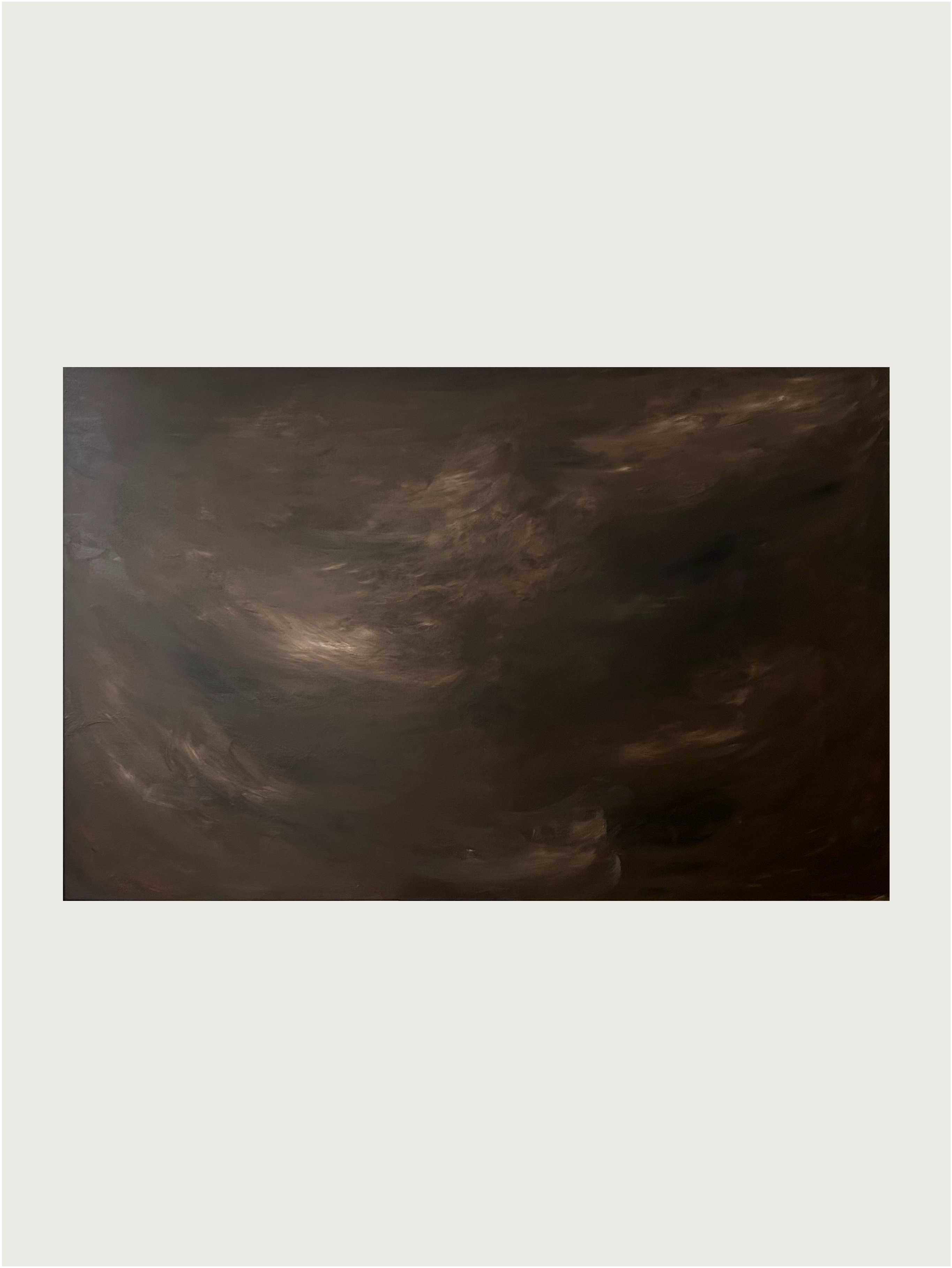 Introducing the "Veil of Shadows" painting by Mattias Storm. This rectangular artwork features swirling dark brown and black hues that resemble a stormy sky, creating an abstract design with a sense of movement and depth. Enhanced by subtle highlights and texture, it is encased in a walnut frame that captivates viewers with its enigmatic allure.