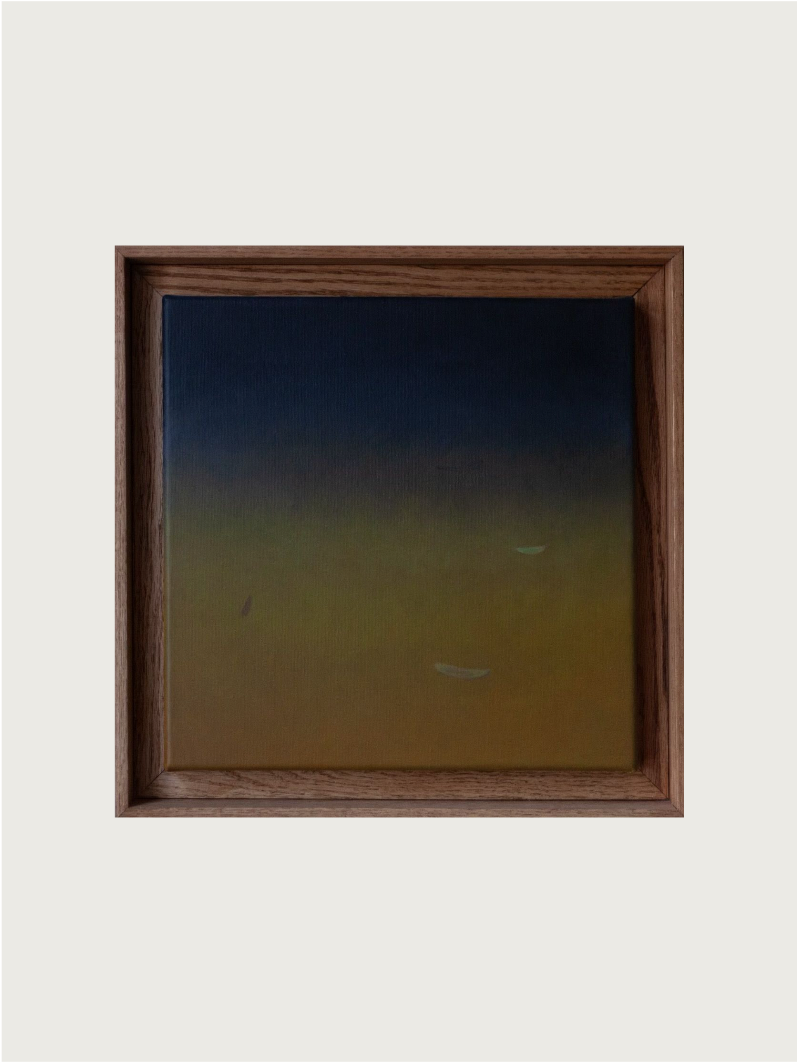 Fade into #1," a 2024 painting by Rebecca von Matérn, features a gradient background transitioning from dark blue at the top to brown at the bottom on a 36x36 cm canvas. With a few small, indistinct shapes scattered throughout, it is elegantly encased in a hard wax oiled oak shadow frame that adds depth and sophistication.