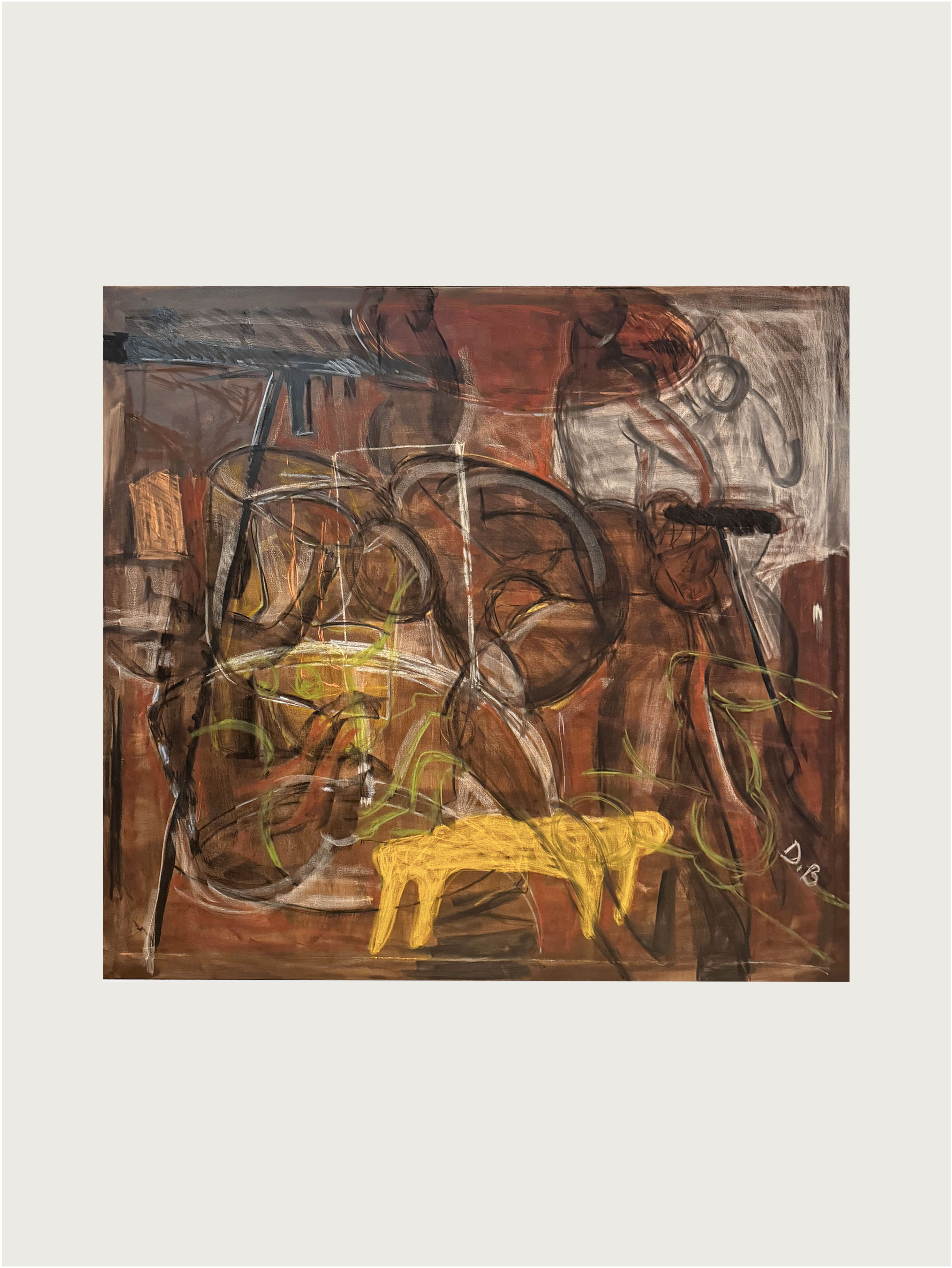 'Hidden Narratives' vol. 01 Painting by Dovile Bernotaite showcases an abstract composition with bold, swirling lines and dark, earthy tones. It features layered textures and a striking yellow shape at the bottom. The tangled strokes in black, brown, and touches of green form a chaotic yet harmonious design with strong color contrasts set against a beige background.