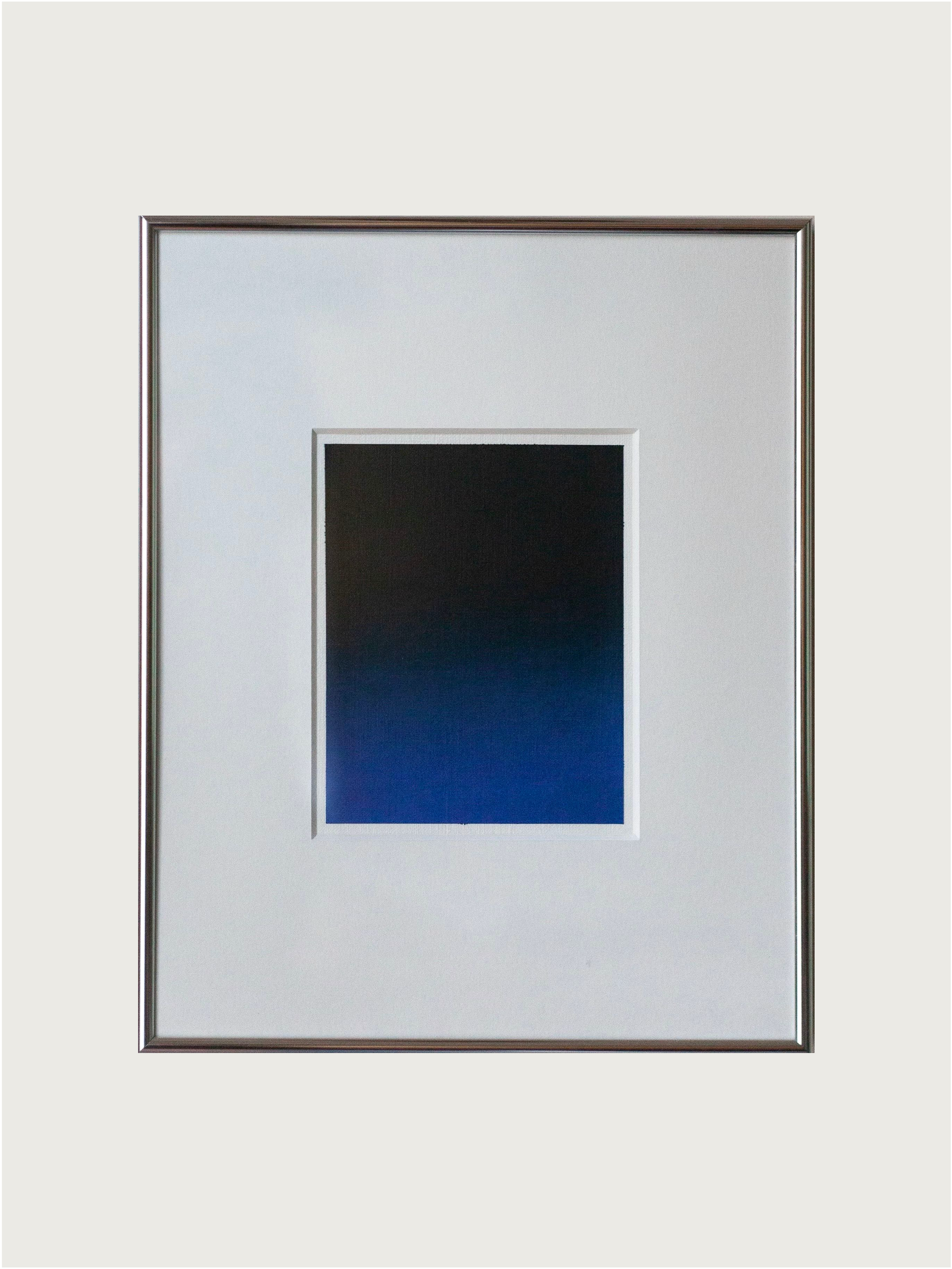 The "Untitled, 2024" painting by Rebecca von Matérn showcases a framed abstract artwork with a gradient square shifting from deep black to vibrant blue, centered within a white mat and bordered by a thin aluminum frame. This art print exudes elegance while displayed against a simple light-colored wall.
