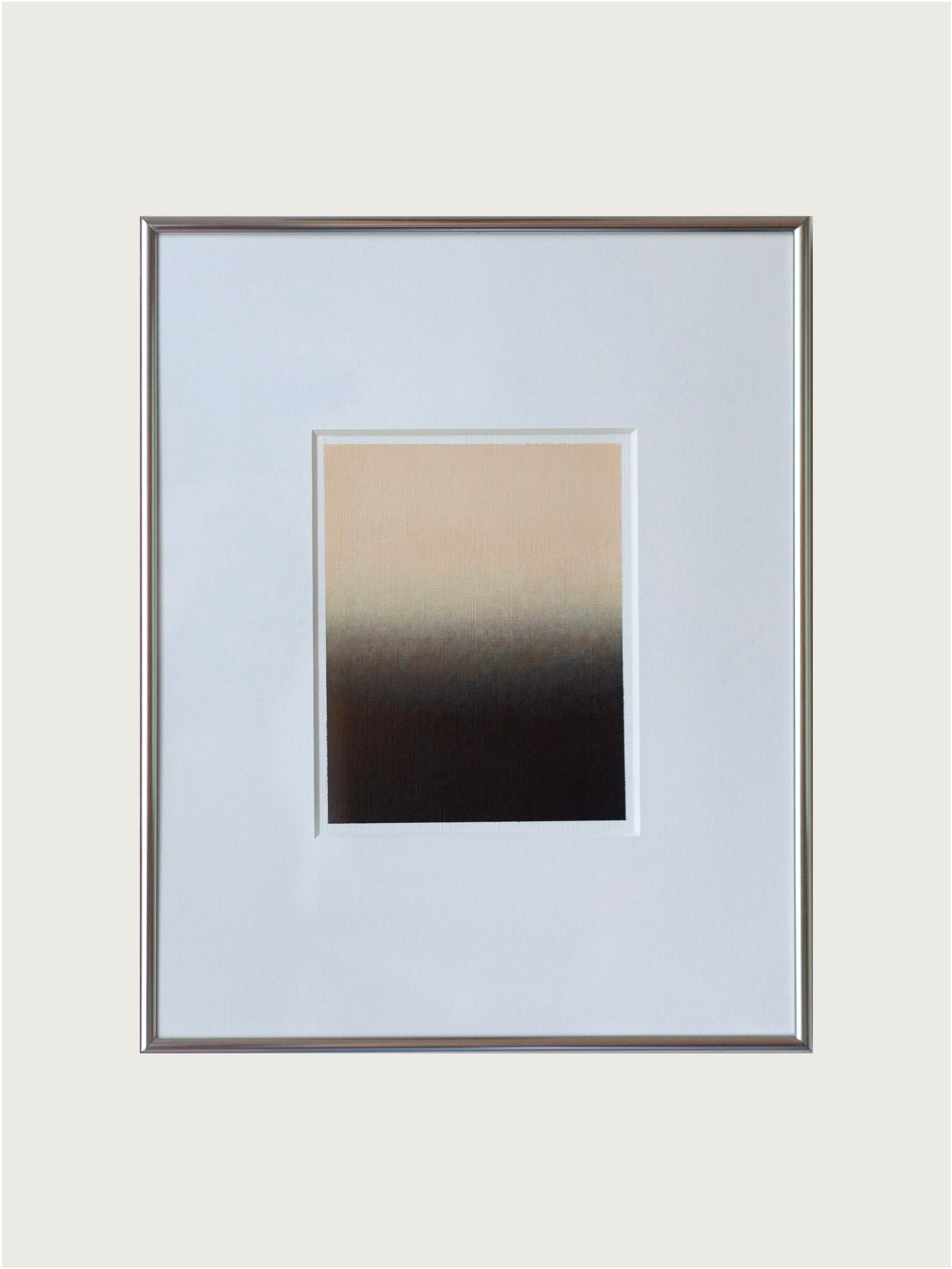 The "Untitled, 2024" Painting by Rebecca von Matérn showcases a stunning gradient acrylic painting on paper, smoothly transitioning from light beige at the top to dark brown at the bottom. It is elegantly presented against a wide white mat and encased in a sleek aluminium frame.