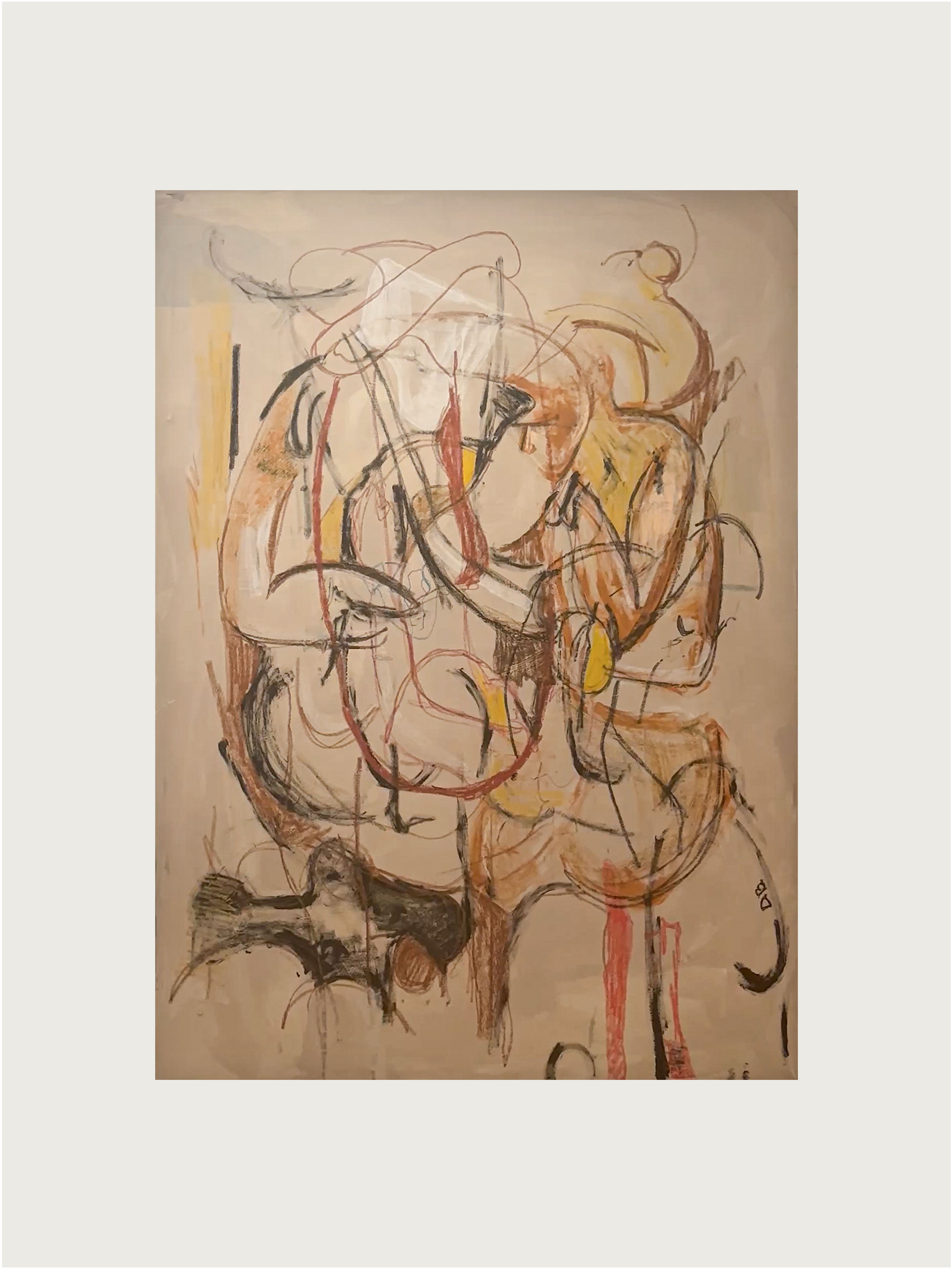 The 'Memory of the Body' Painting by Dovile Bernotaite features swirling lines and shapes in beige, brown, red, and yellow. Overlapping forms and brushstrokes on a neutral background create a dynamic sense of movement with earthy tones.