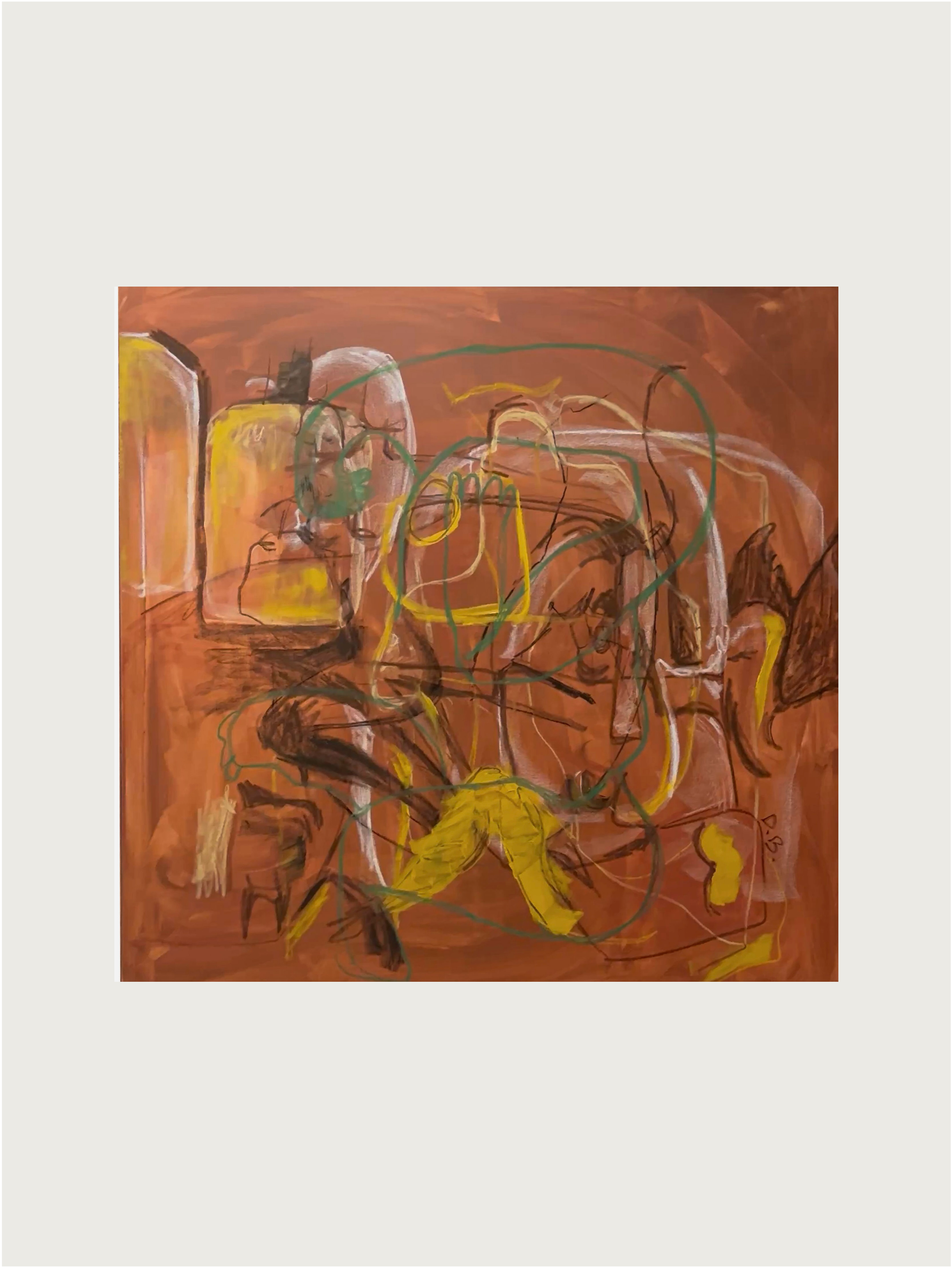 Dovile Bernotaite's 'Curious Mind' is an exclusive collectible featuring an abstract painting with a muted orange background and layered shapes. Yellow, green, and brown lines intertwine with modern design finesse, while curved geometric elements suggest dynamic imagery.