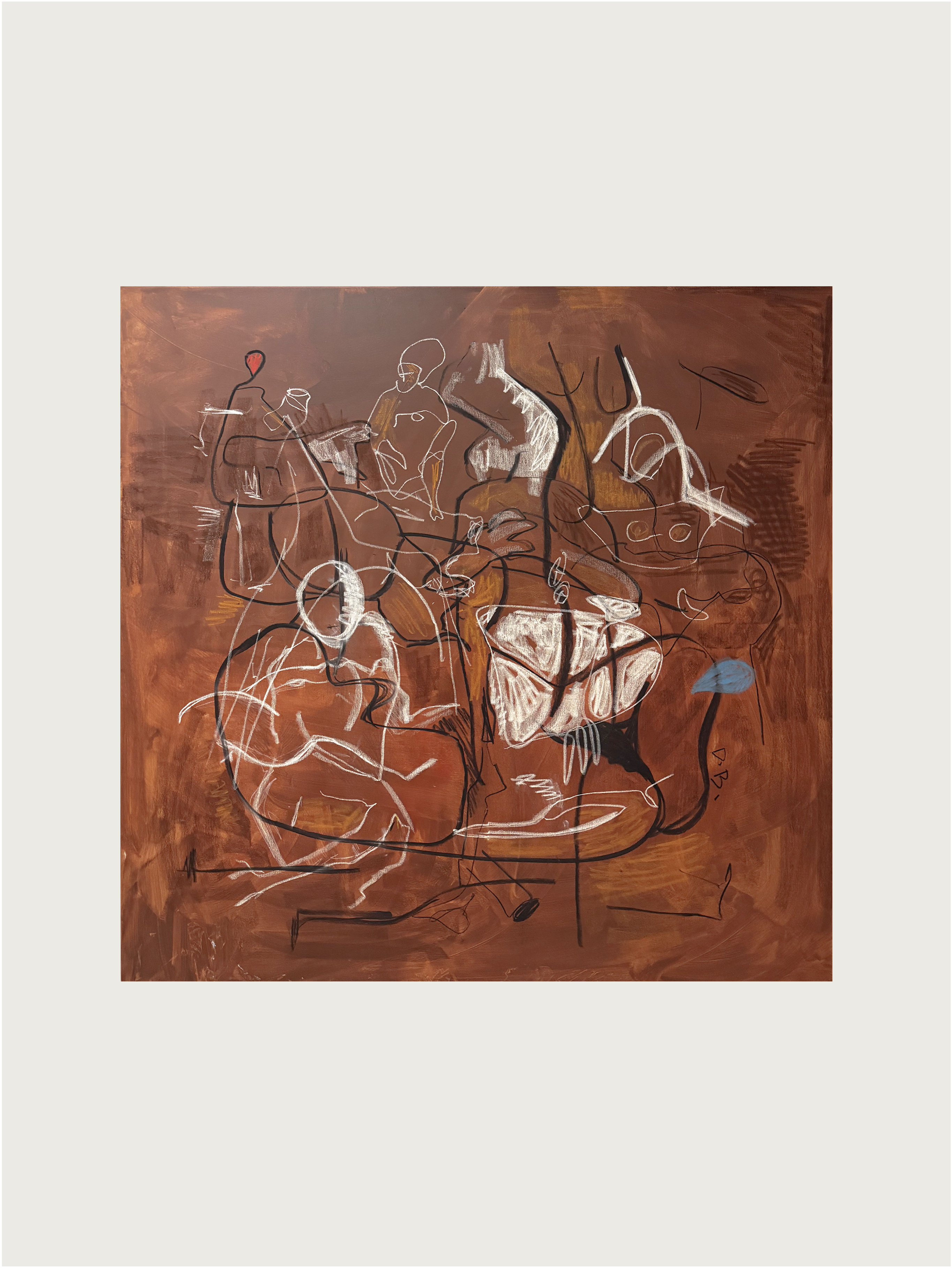The 'Intuitive Dilemma' Painting by Dovile Bernotaite features abstract art with fluid black and white lines on rust-brown, showcasing overlapping figures that embody movement and complexity. Striking red and blue spots provide bold contrast.