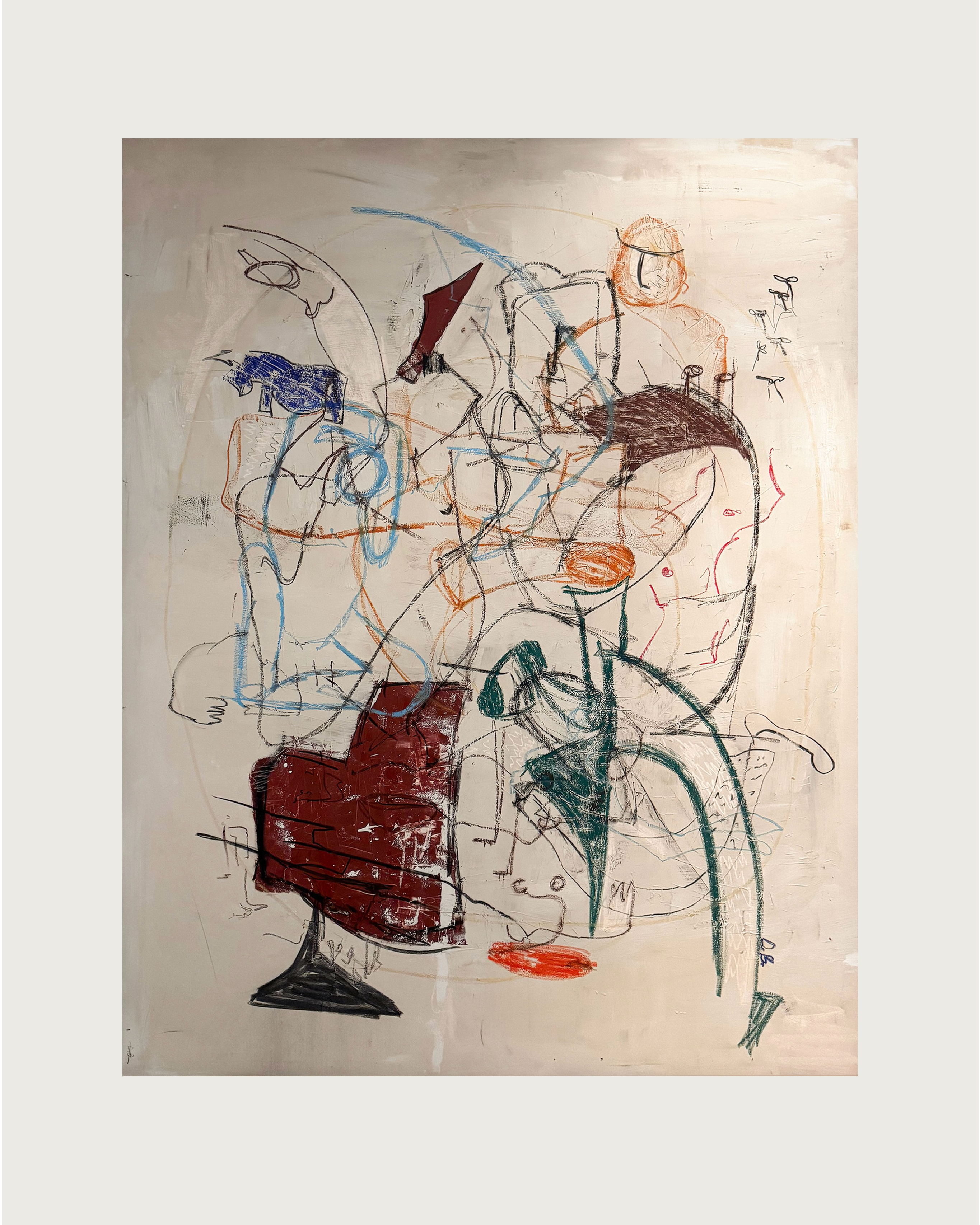 The "Linear Harmony" Painting by Dovile Bernotaite features colorful, intertwining lines and shapes in blue, red, green, and orange on a neutral background. It embodies linear harmony with chaotic yet balanced geometric and organic forms that evoke human connection.