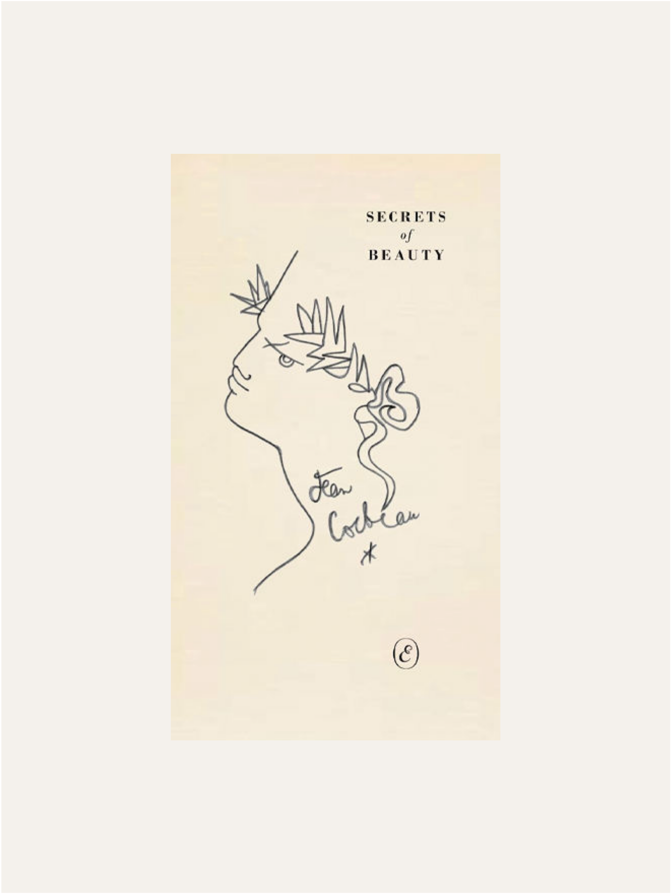 A minimalist line drawing of a face with abstract features adorned with leaves, signed "Jean Cocteau," is presented as "Secrets of Beauty" by Maison Plage, capturing his artistic legacy and aesthetic theory.