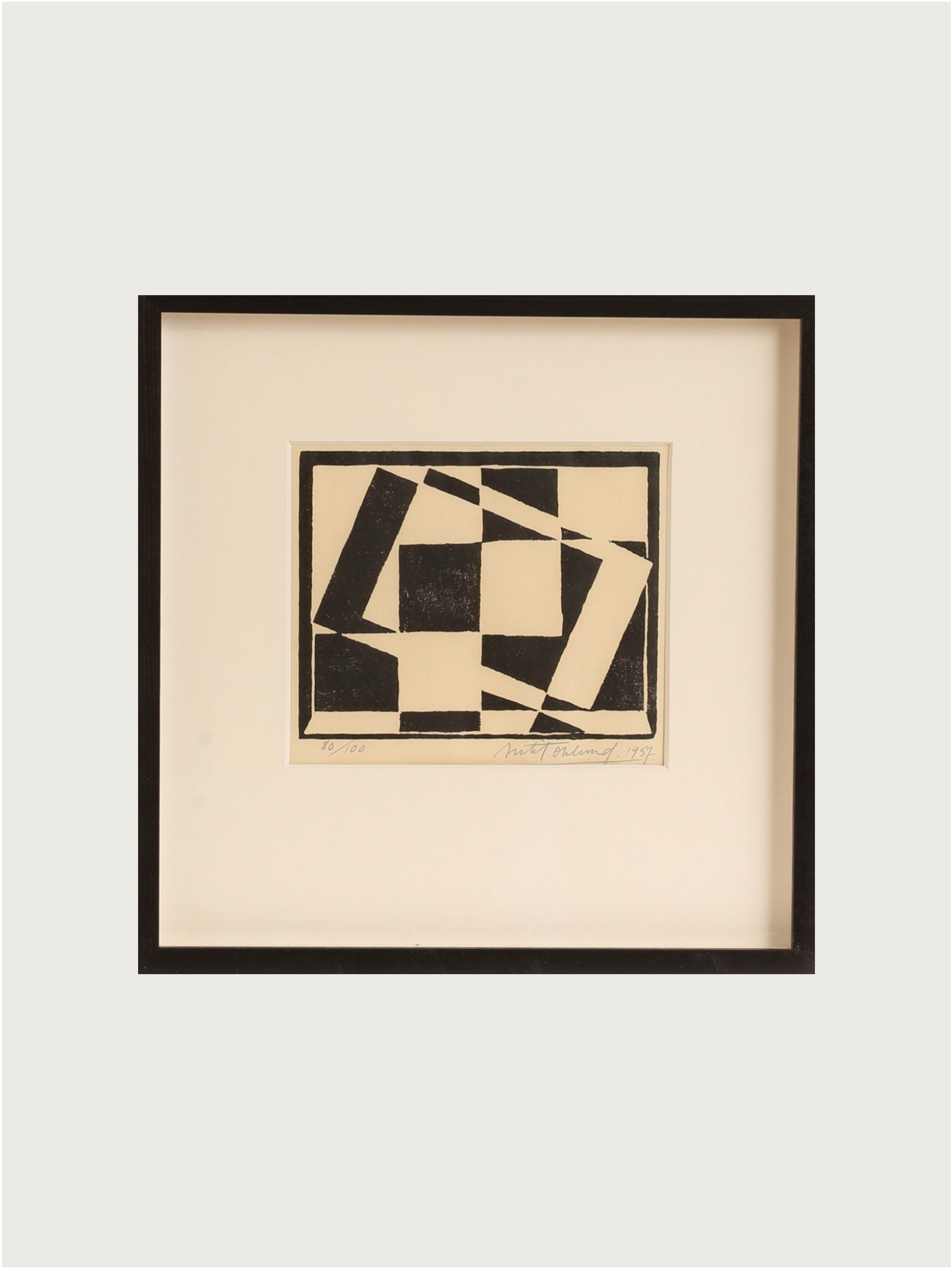 The Médecine Midcentury Silkscreen by Bertil Ohlund is a 1957 signed and numbered abstract black-and-white print with geometric shapes, intersecting lines, a light background, and a simple black frame.