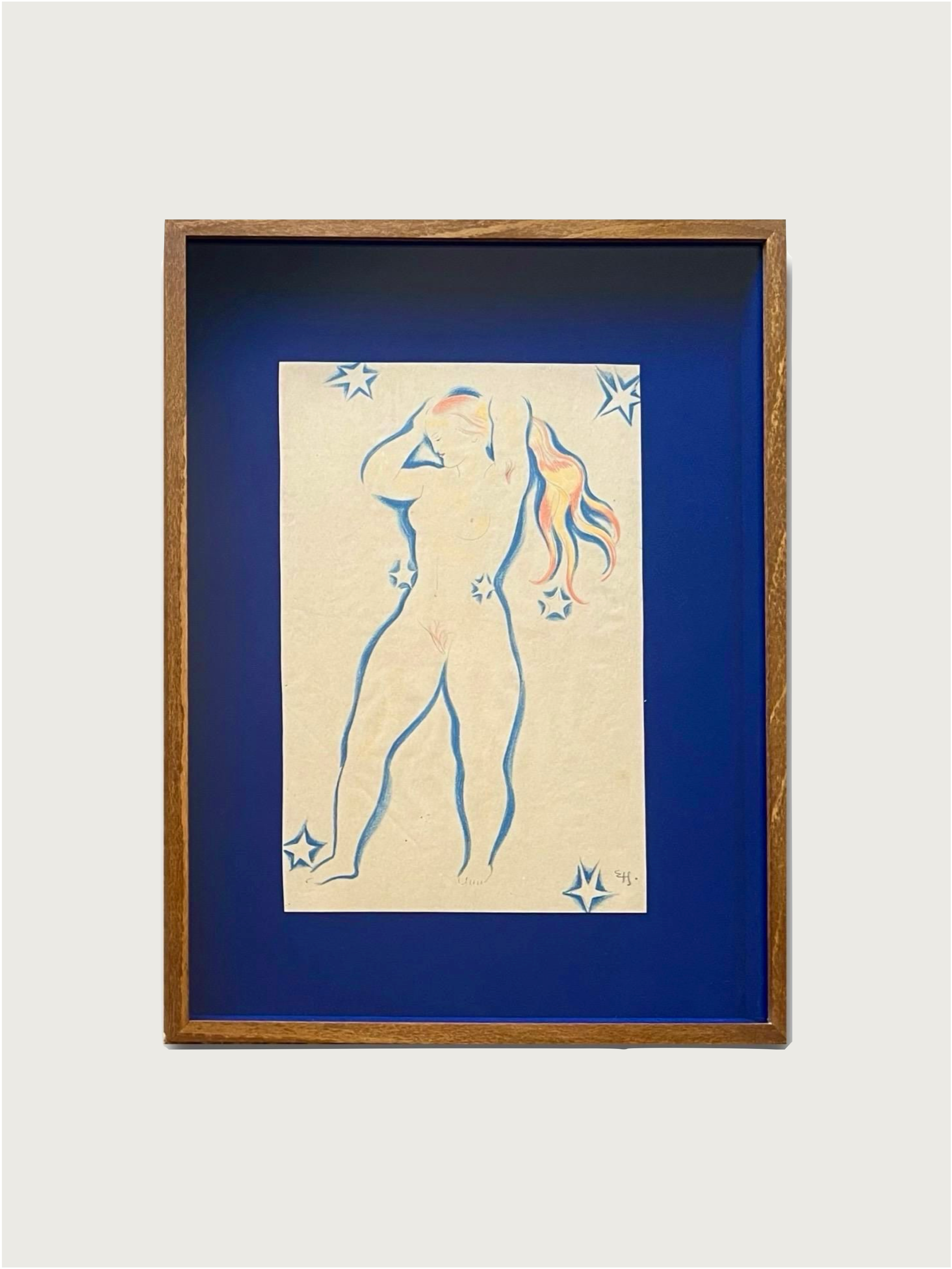 The 1930s Drawing by Ernst Hansen from Médecine features a stylized nude figure with long hair, outlined in blue and orange, surrounded by blue stars on a deep blue mat and light background—an artwork inspired by the Danish painter.